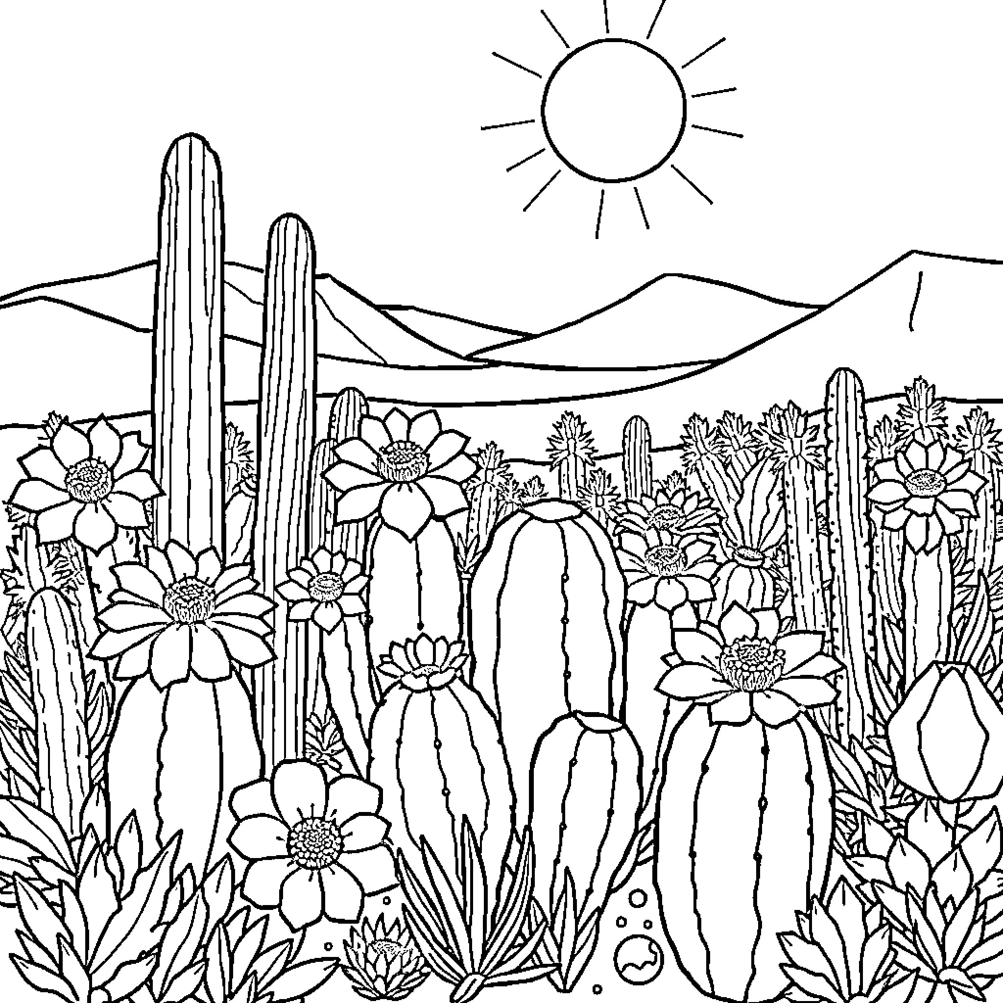 Cactus and Flowers in Desert Landscape Coloring Page (free black-and-white line drawing printable PDF for all, from beginners to advanced learners, including children, teens, adults, and seniors)