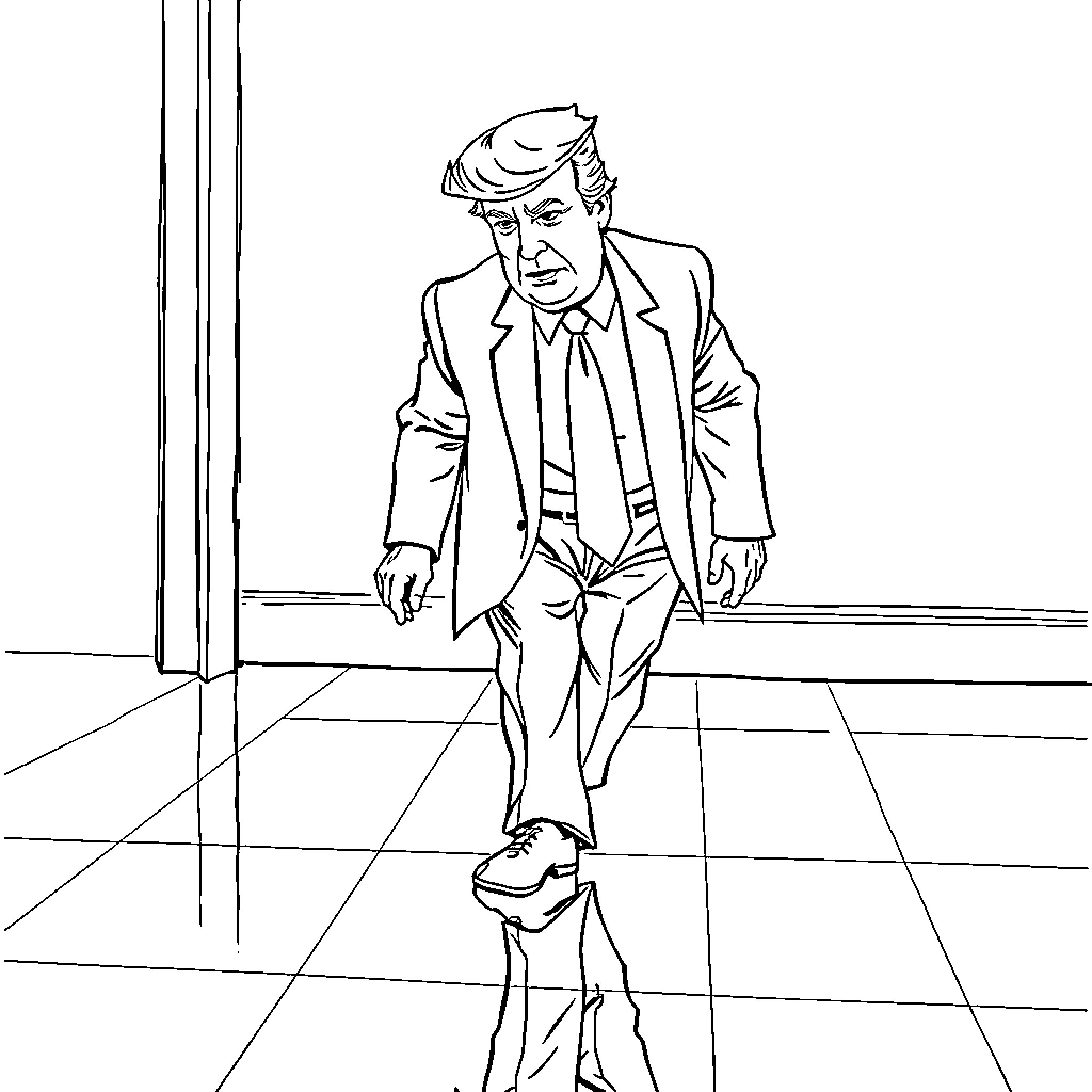 Donald Trump walking confidently in a suit Coloring Page (free black-and-white line drawing printable PDF for all, from beginners to advanced learners, including children, teens, adults, and seniors)