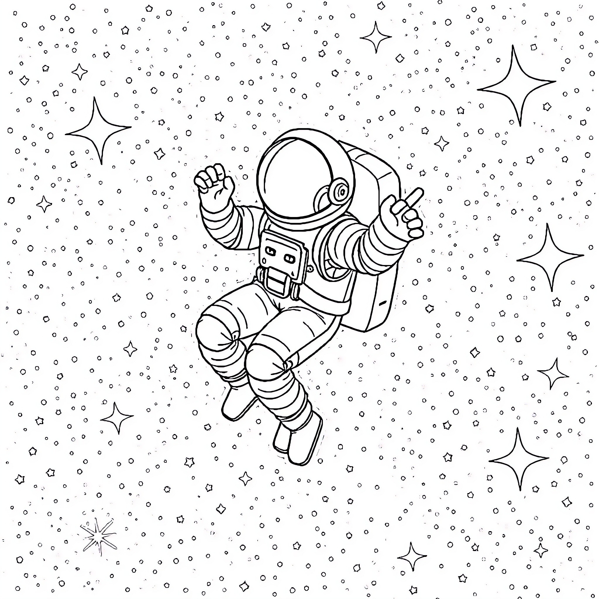 Captain Barnacles Floating in Starry Outer Space Coloring Page (free black-and-white line drawing printable PDF for all, from beginners to advanced learners, including children, teens, adults, and seniors)
