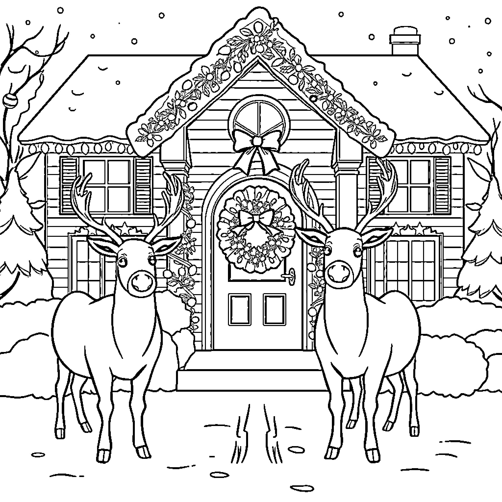 Deer standing outside a decorated winter cabin Coloring Page (free black-and-white line drawing printable PDF for all, from beginners to advanced learners, including children, teens, adults, and seniors)