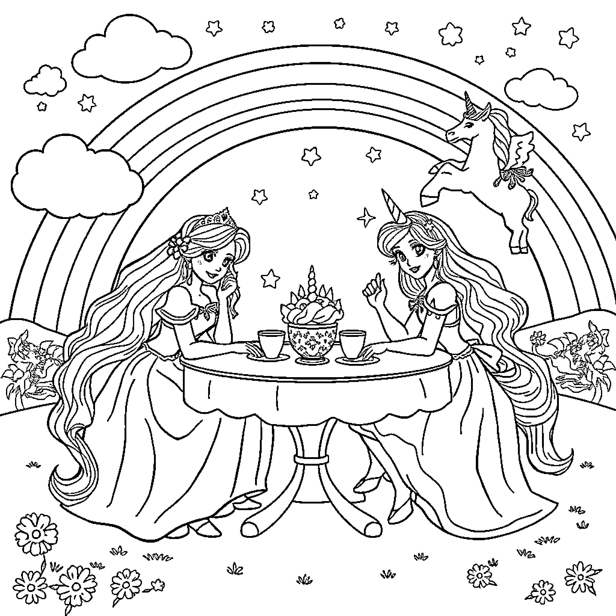 Princess Tea Party Under the Rainbow Coloring Page (free black-and-white line drawing printable PDF for all, from beginners to advanced learners, including children, teens, adults, and seniors)