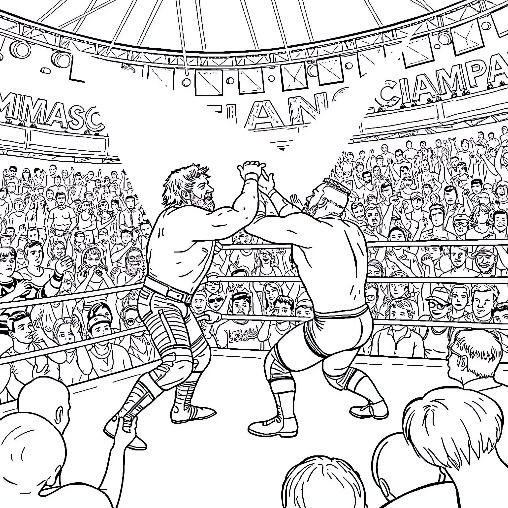 Wrestler's intense bout in front of cheering crowd Coloring Page (free black-and-white line drawing printable PDF for all, from beginners to advanced learners, including children, teens, adults, and seniors)