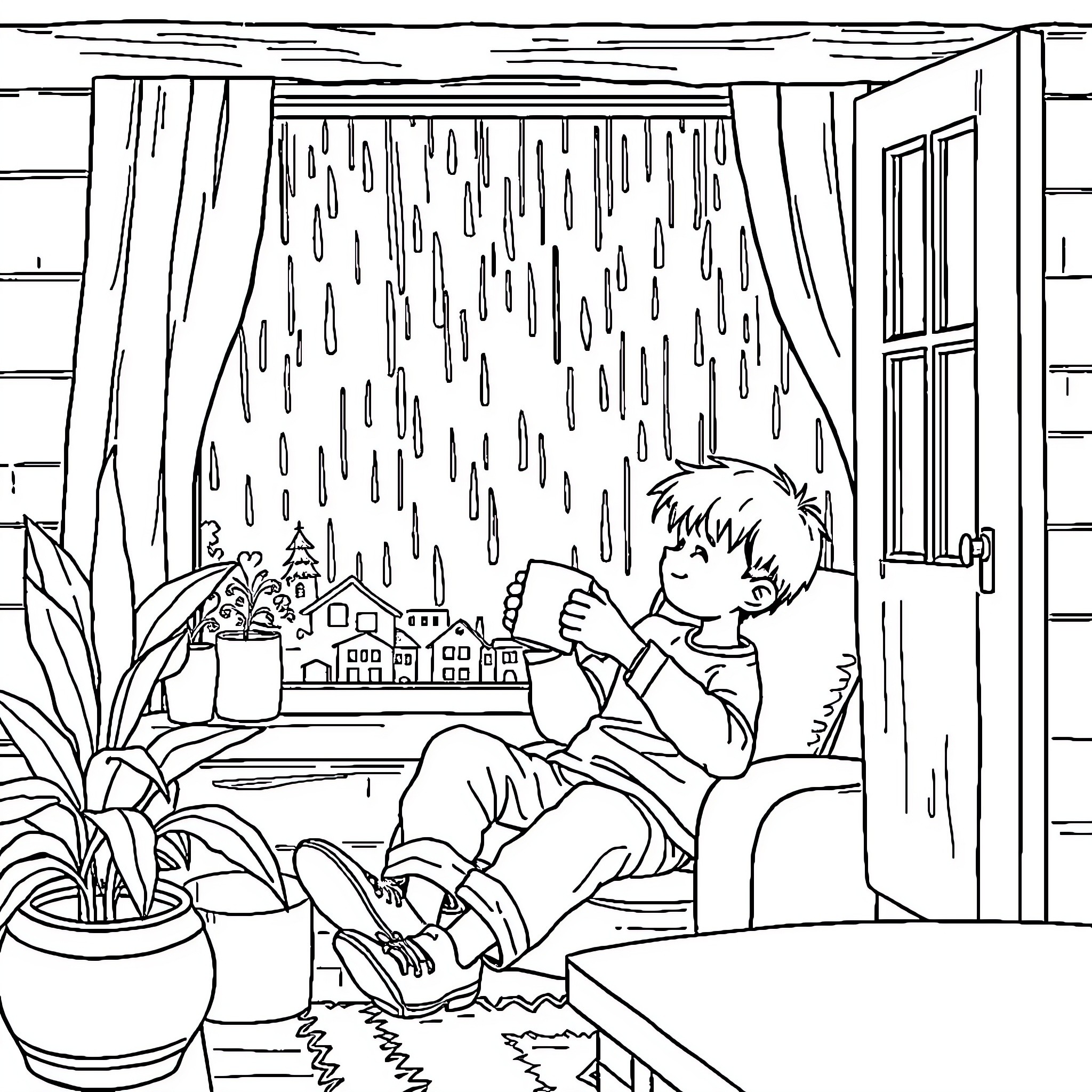 Boy enjoying a rainy day by the window Coloring Page (free black-and-white line drawing printable PDF for all, from beginners to advanced learners, including children, teens, adults, and seniors)