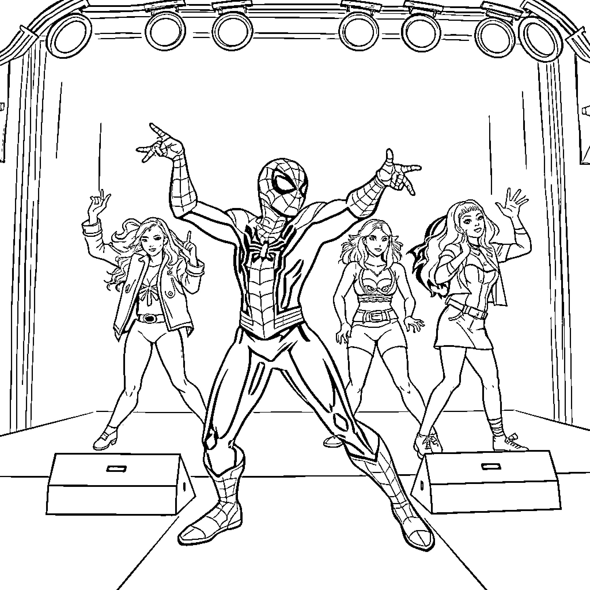 Spiderman performing a dance routine on a stage Coloring Page (free black-and-white line drawing printable PDF for all, from beginners to advanced learners, including children, teens, adults, and seniors)