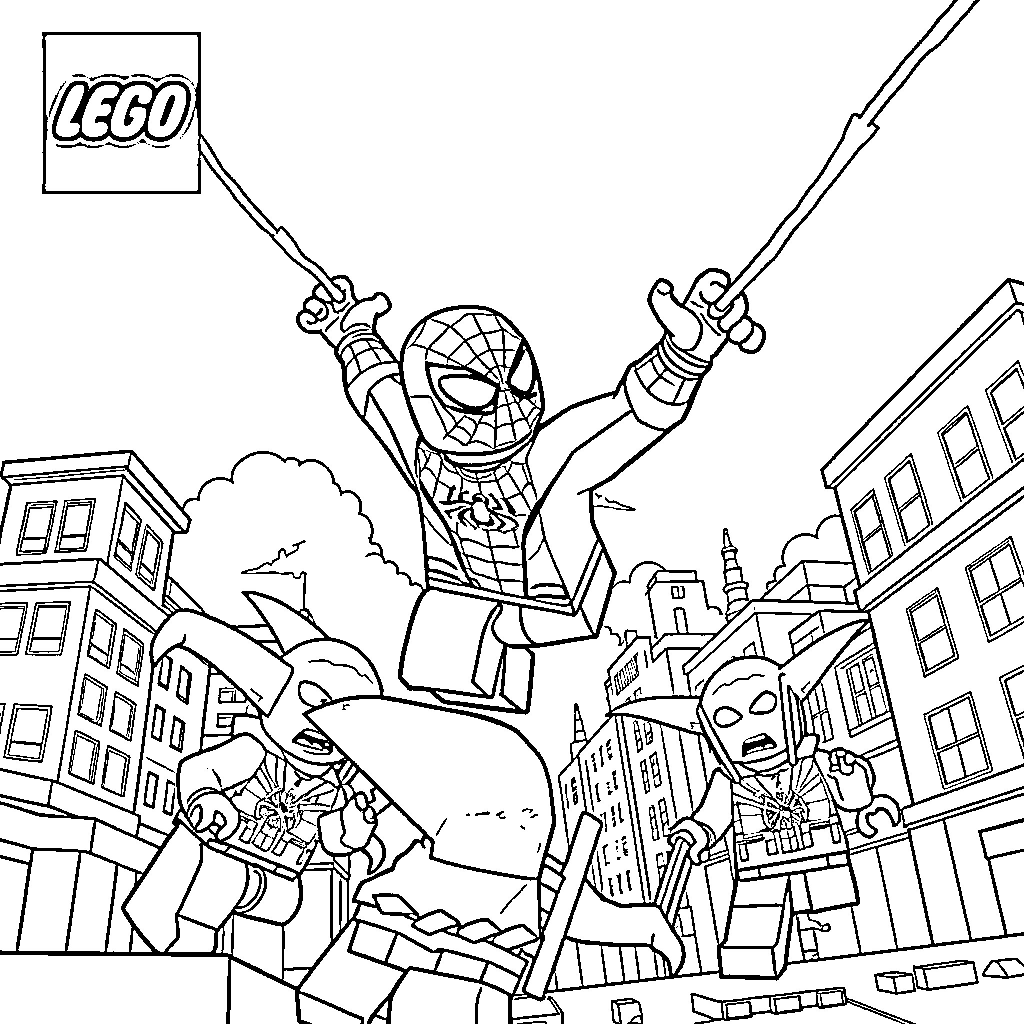 Spiderman Lego figure swinging through the city Coloring Page (free black-and-white line drawing printable PDF for all, from beginners to advanced learners, including children, teens, adults, and seniors)