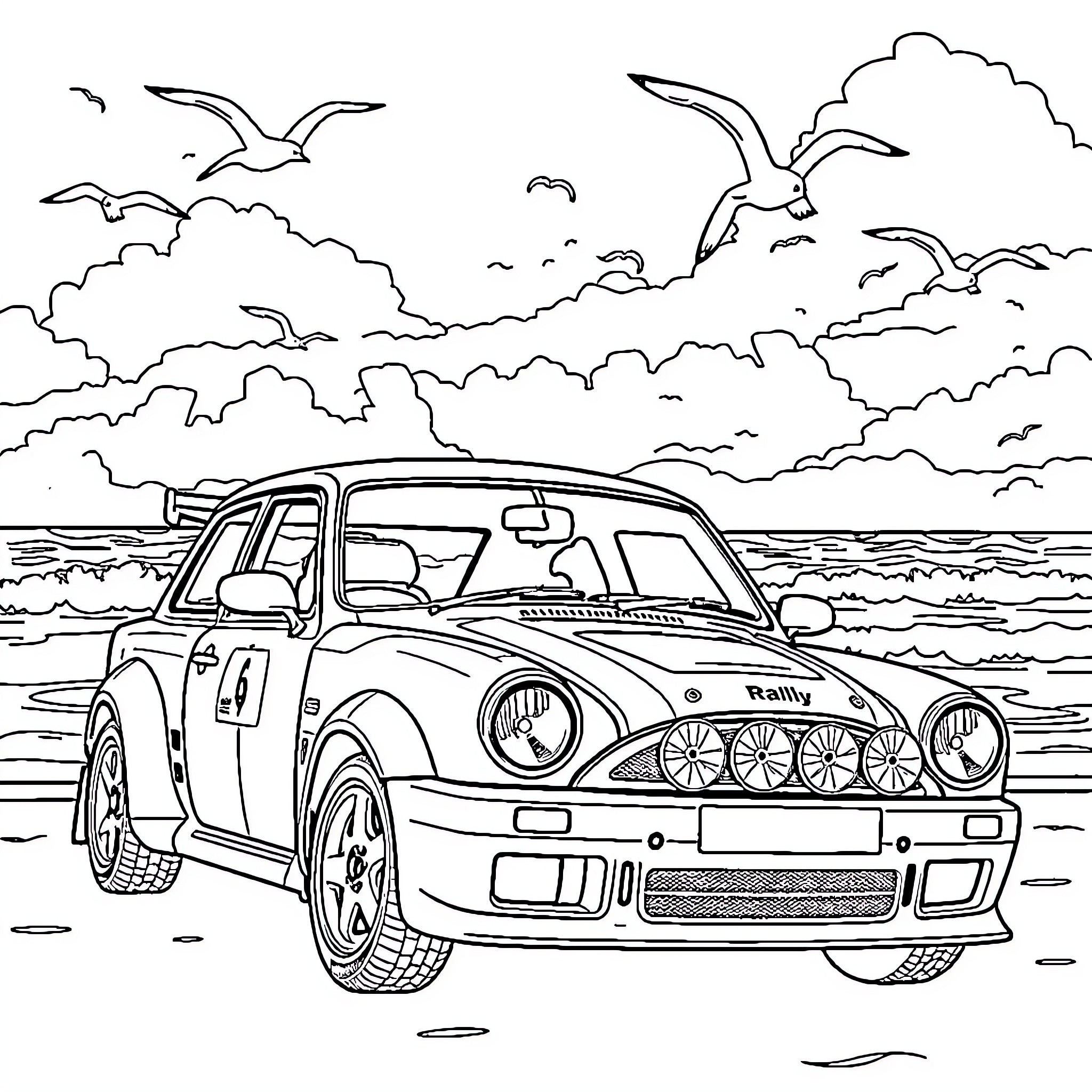 Rally Car speeding through coastal landscape Coloring Page (free black-and-white line drawing printable PDF for all, from beginners to advanced learners, including children, teens, adults, and seniors)