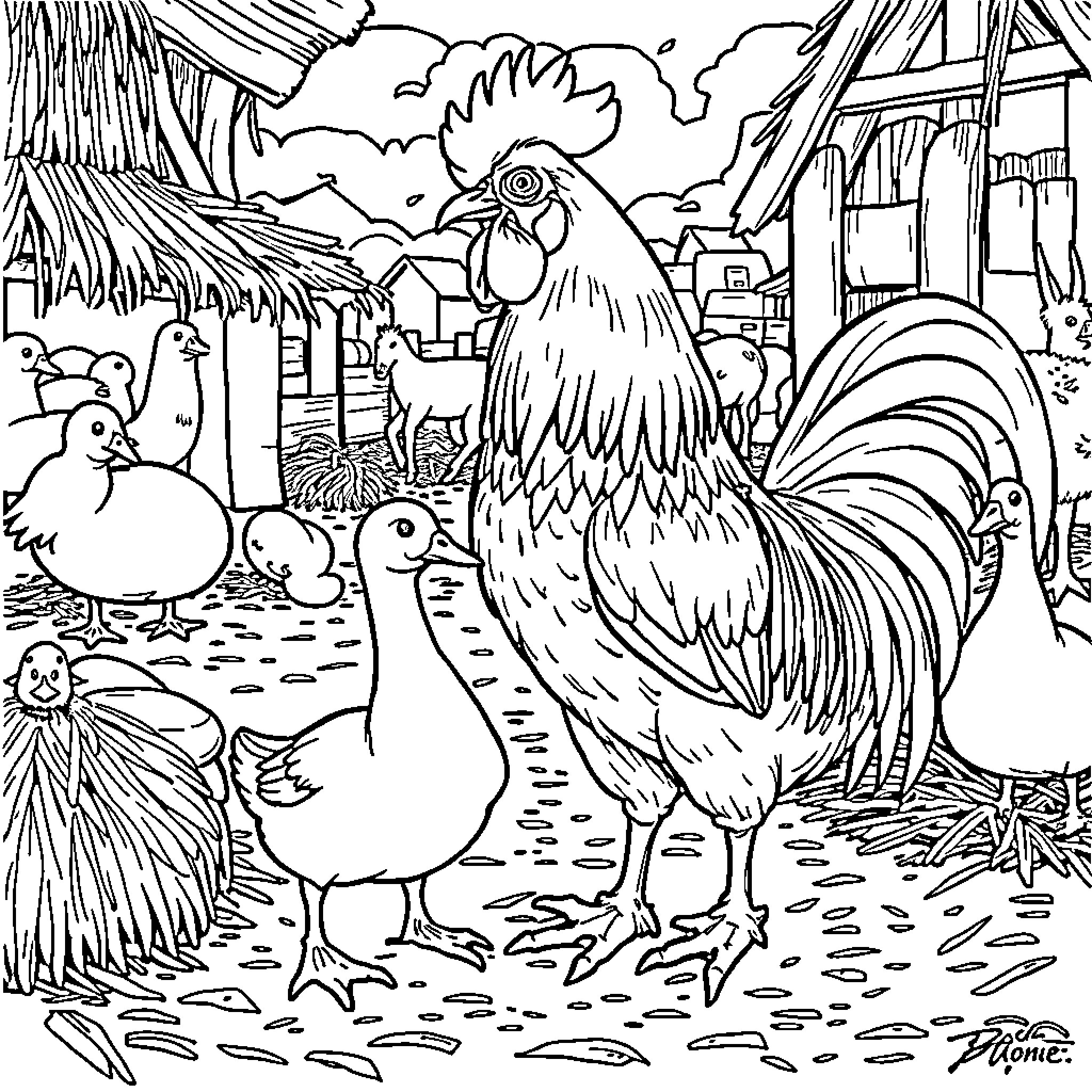 Rooster strutting proudly in a rustic farm scene Coloring Page (free black-and-white line drawing printable PDF for all, from beginners to advanced learners, including children, teens, adults, and seniors)