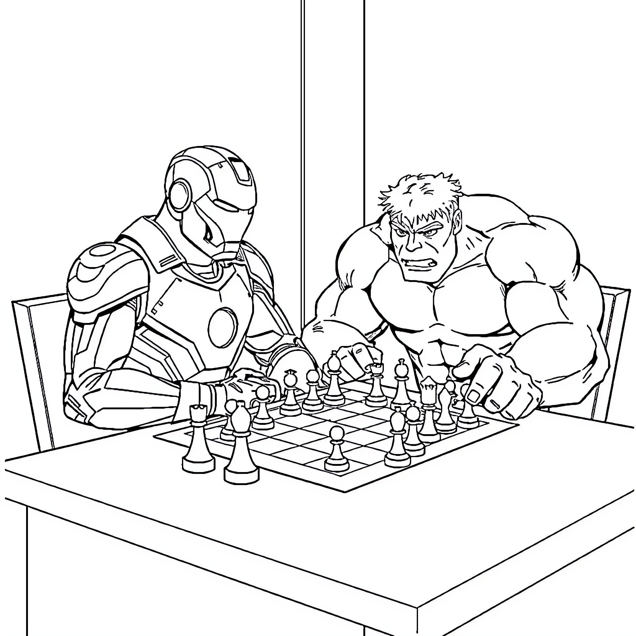 Ironman and Hulk Play Chess Together Coloring Page (free black-and-white line drawing printable PDF for all, from beginners to advanced learners, including children, teens, adults, and seniors)