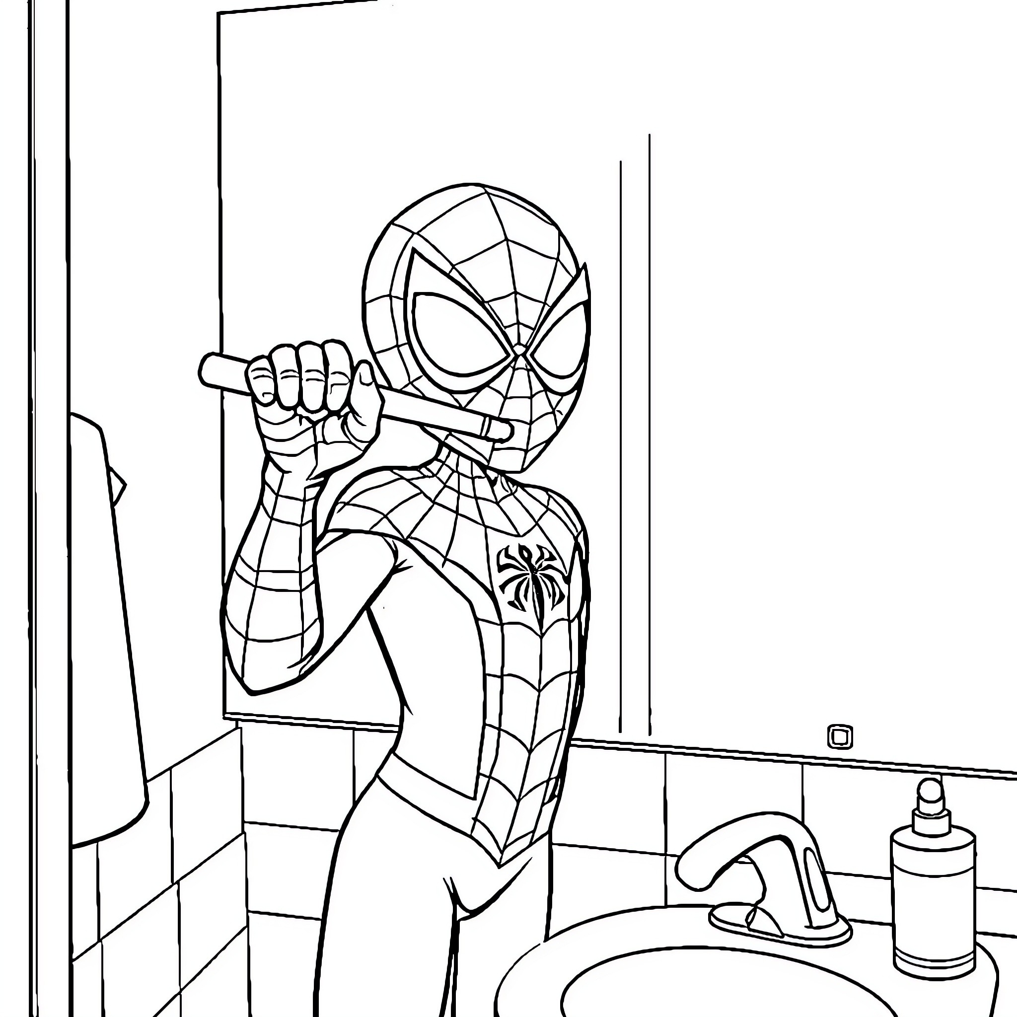 Spiderman preparing for heroic action in the bathroom Coloring Page (free black-and-white line drawing printable PDF for all, from beginners to advanced learners, including children, teens, adults, and seniors)