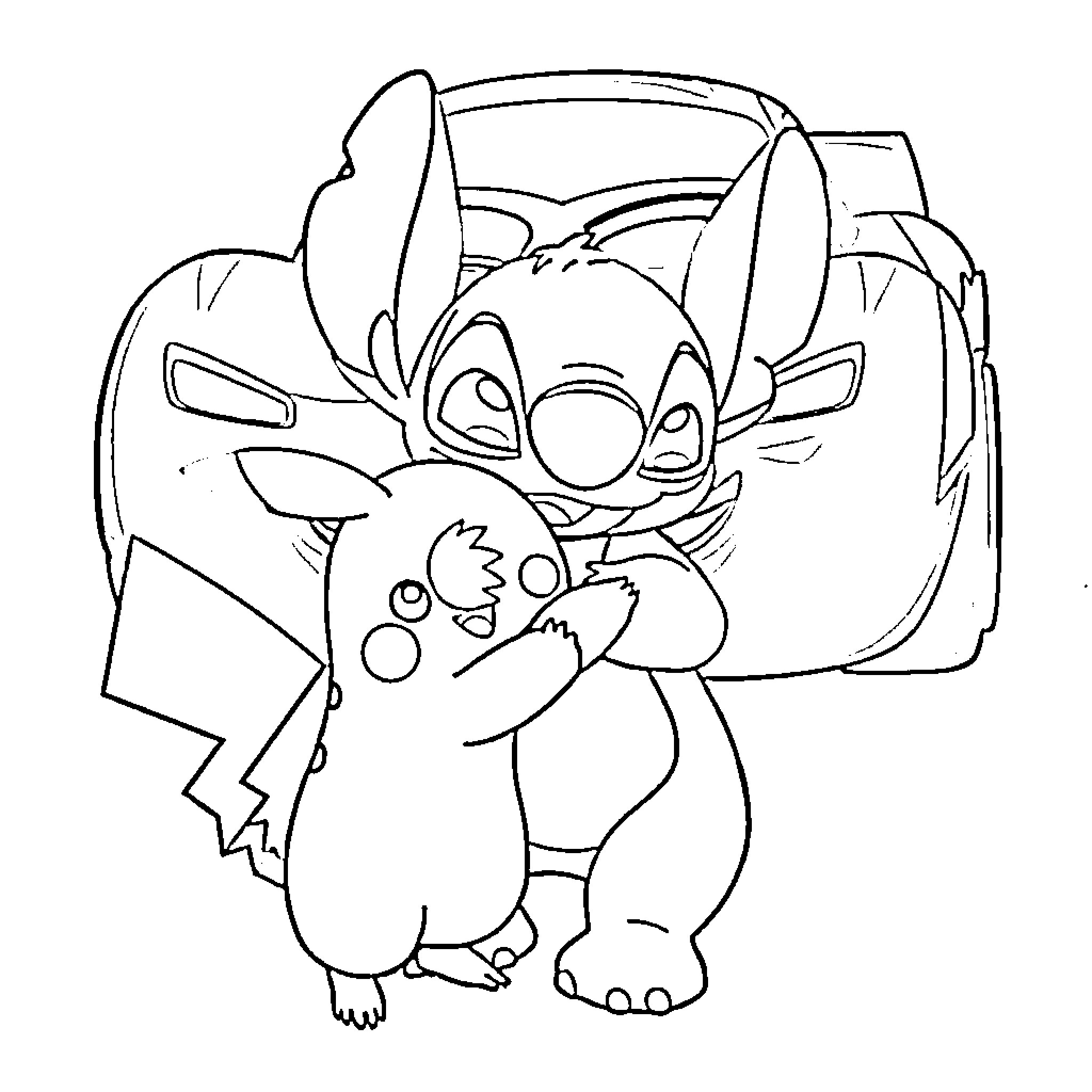 Stitch cuddling with Scrump inside vehicle Coloring Page (free black-and-white line drawing printable PDF for all, from beginners to advanced learners, including children, teens, adults, and seniors)