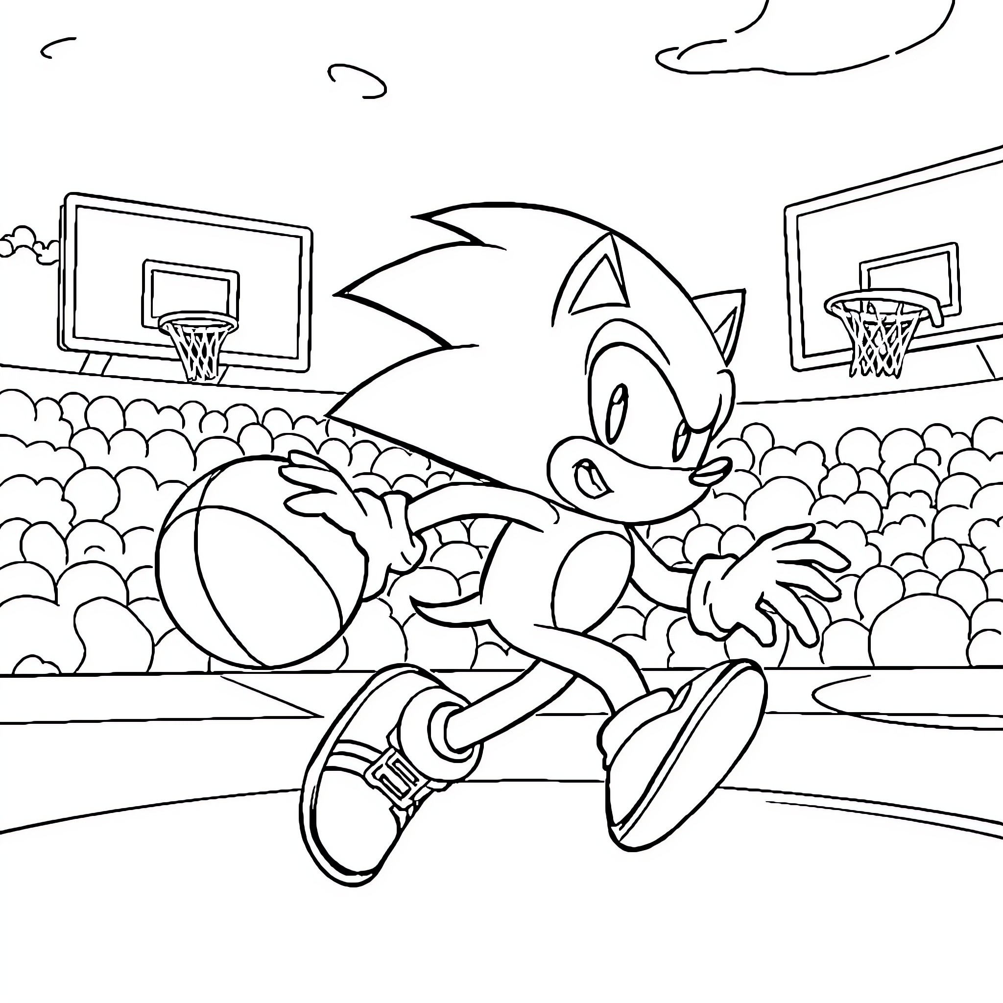 Sonic Playing Basketball in the Gym Coloring Page (free black-and-white line drawing printable PDF for all, from beginners to advanced learners, including children, teens, adults, and seniors)