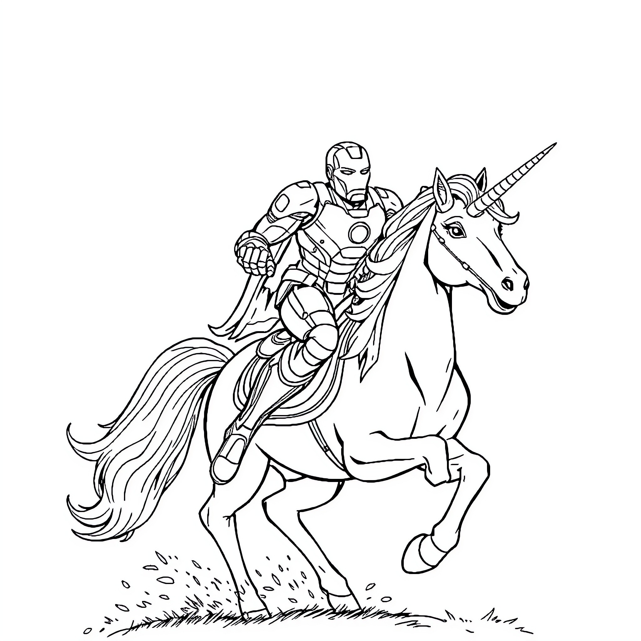 Iron Man riding a unicorn on an adventure Coloring Page (free black-and-white line drawing printable PDF for all, from beginners to advanced learners, including children, teens, adults, and seniors)