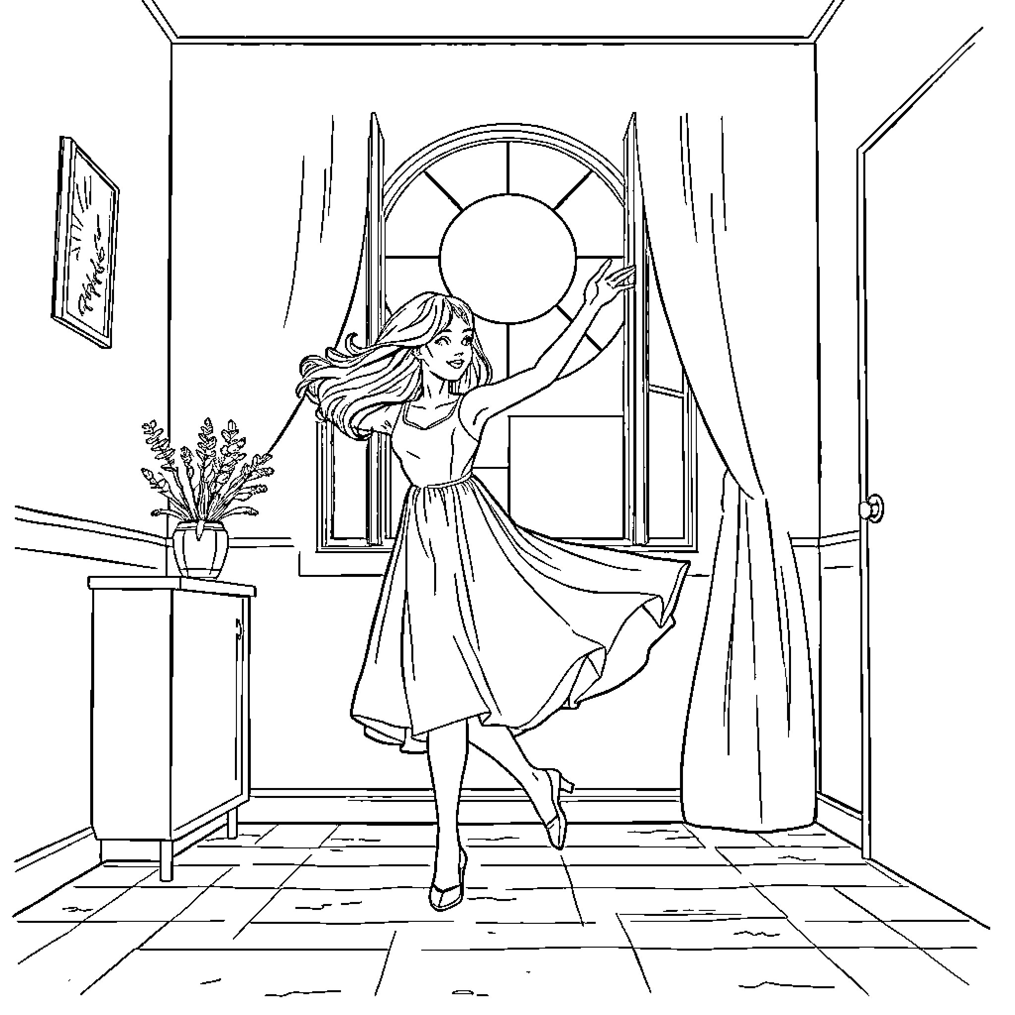 Girl dancing gracefully in a sunlit room Coloring Page (free black-and-white line drawing printable PDF for all, from beginners to advanced learners, including children, teens, adults, and seniors)