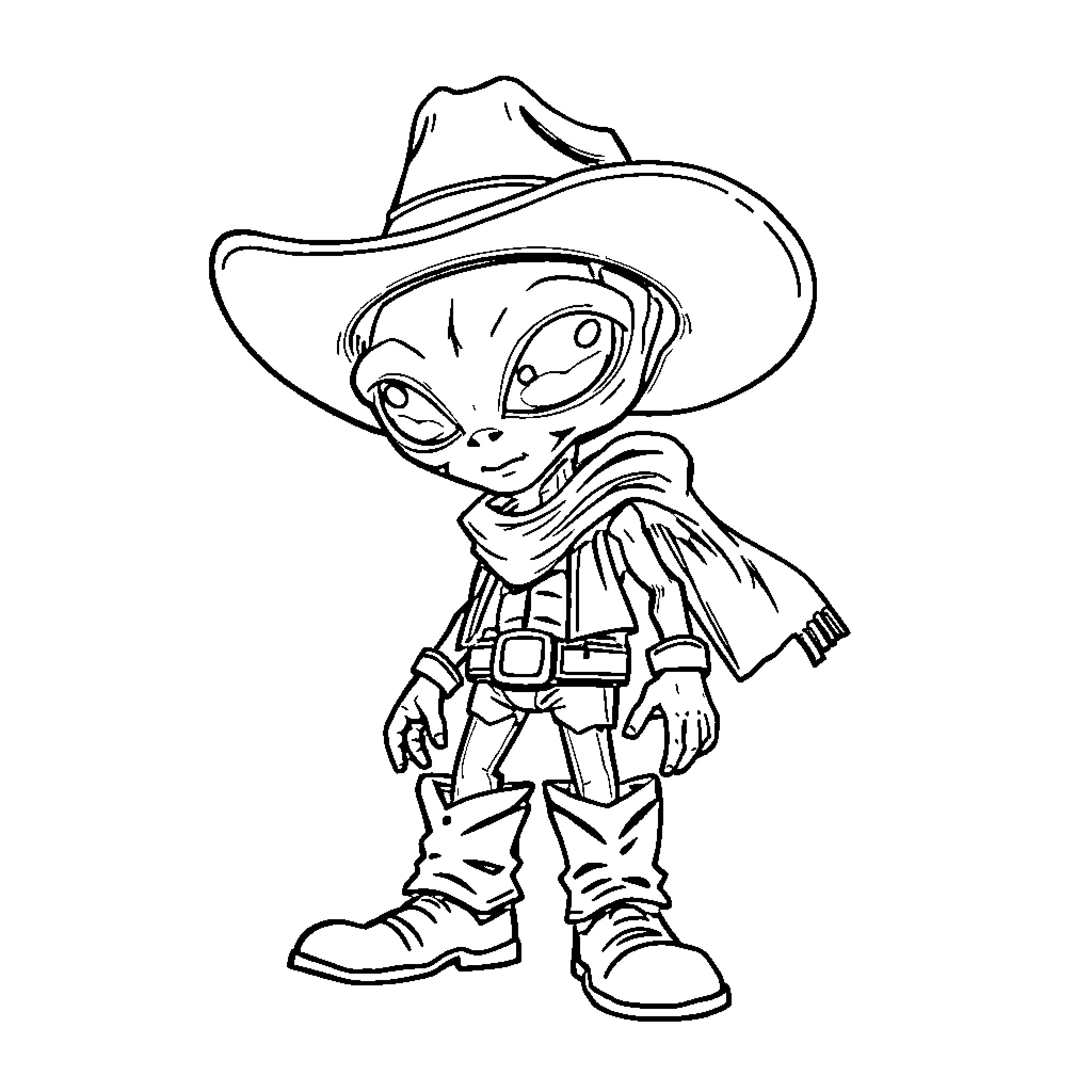 Alien child in cowboy outfit Coloring Page (free black-and-white line drawing printable PDF for all, from beginners to advanced learners, including children, teens, adults, and seniors)