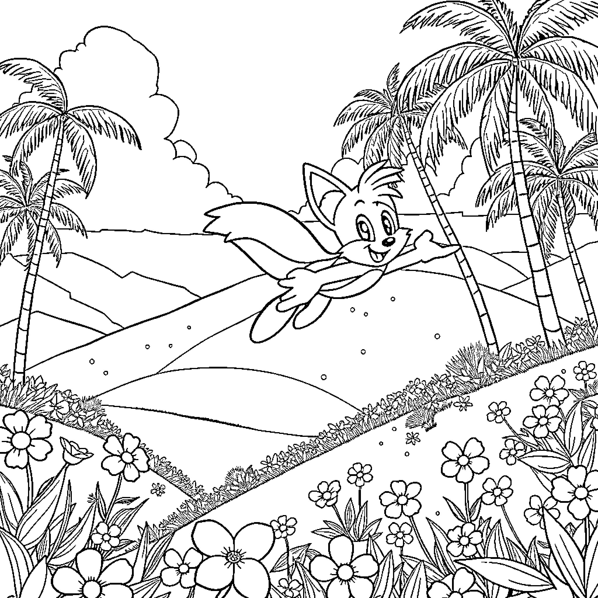 Tails playing joyfully in a tropical landscape Coloring Page (free black-and-white line drawing printable PDF for all, from beginners to advanced learners, including children, teens, adults, and seniors)
