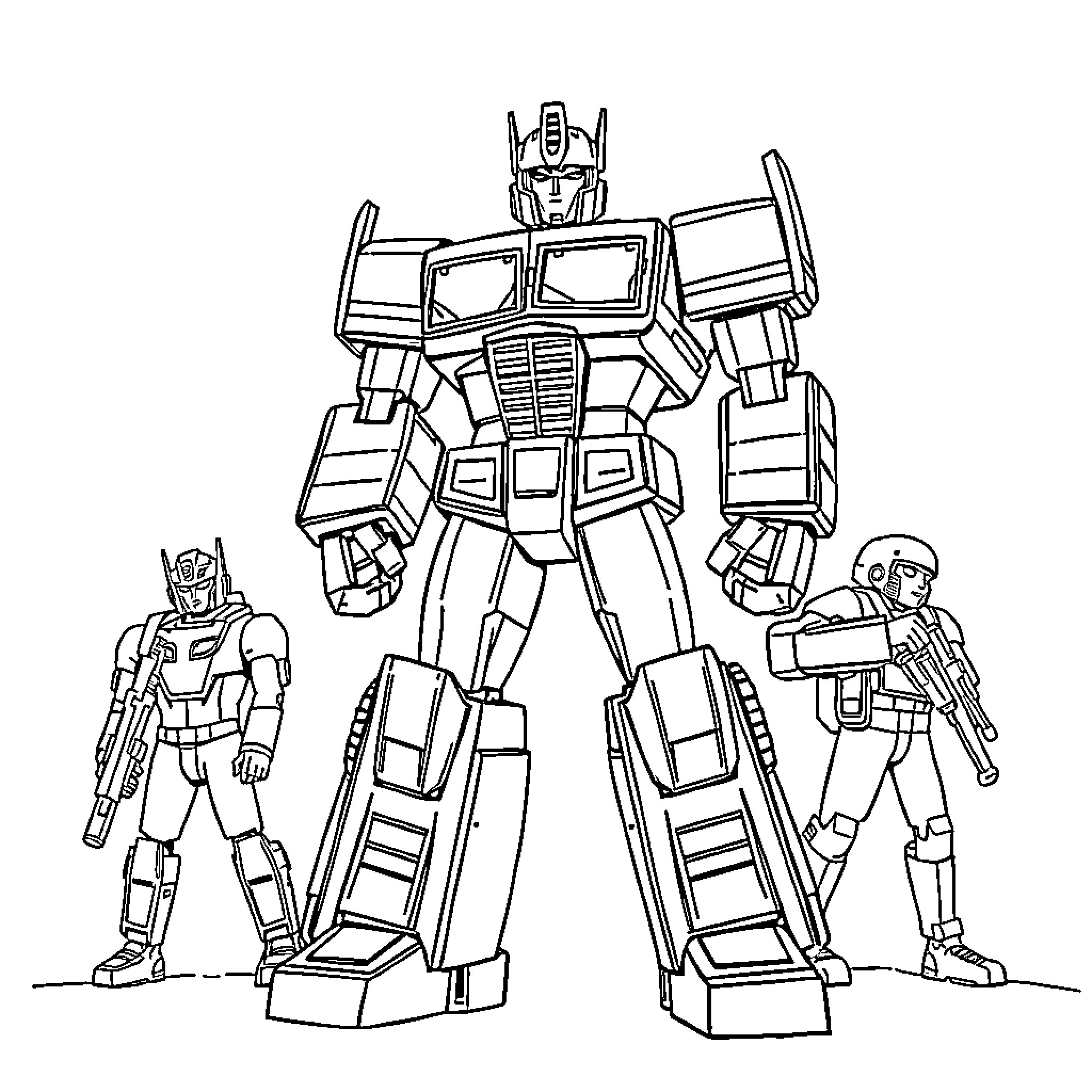 Optimus Prime leading Autobots into battle Coloring Page (free black-and-white line drawing printable PDF for all, from beginners to advanced learners, including children, teens, adults, and seniors)