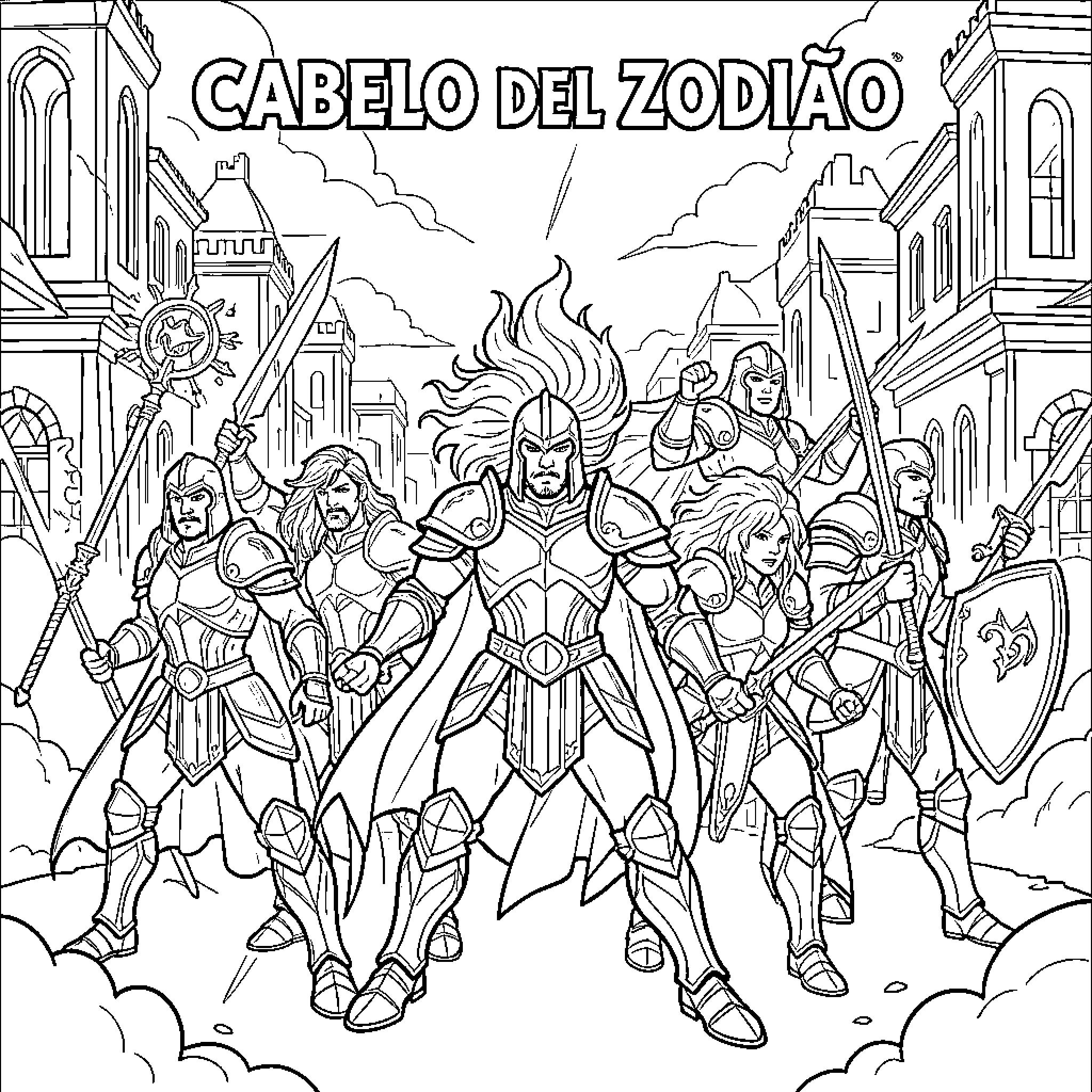 Zodiac Hair: Heroic Figures in an Epic Scene Coloring Page (free black-and-white line drawing printable PDF for all, from beginners to advanced learners, including children, teens, adults, and seniors)