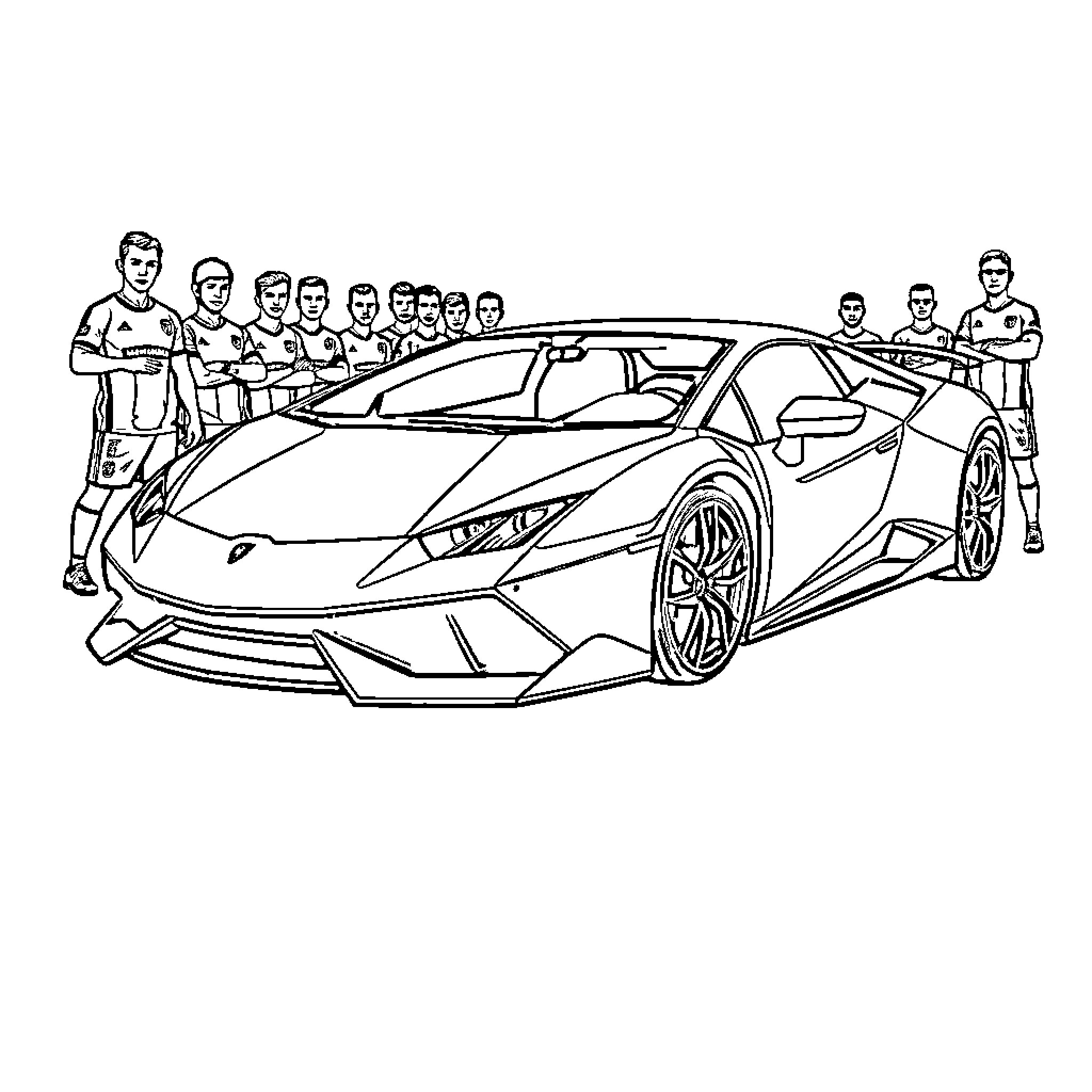 Lamborghini supercar surrounded by mechanics Coloring Page (free black-and-white line drawing printable PDF for all, from beginners to advanced learners, including children, teens, adults, and seniors)