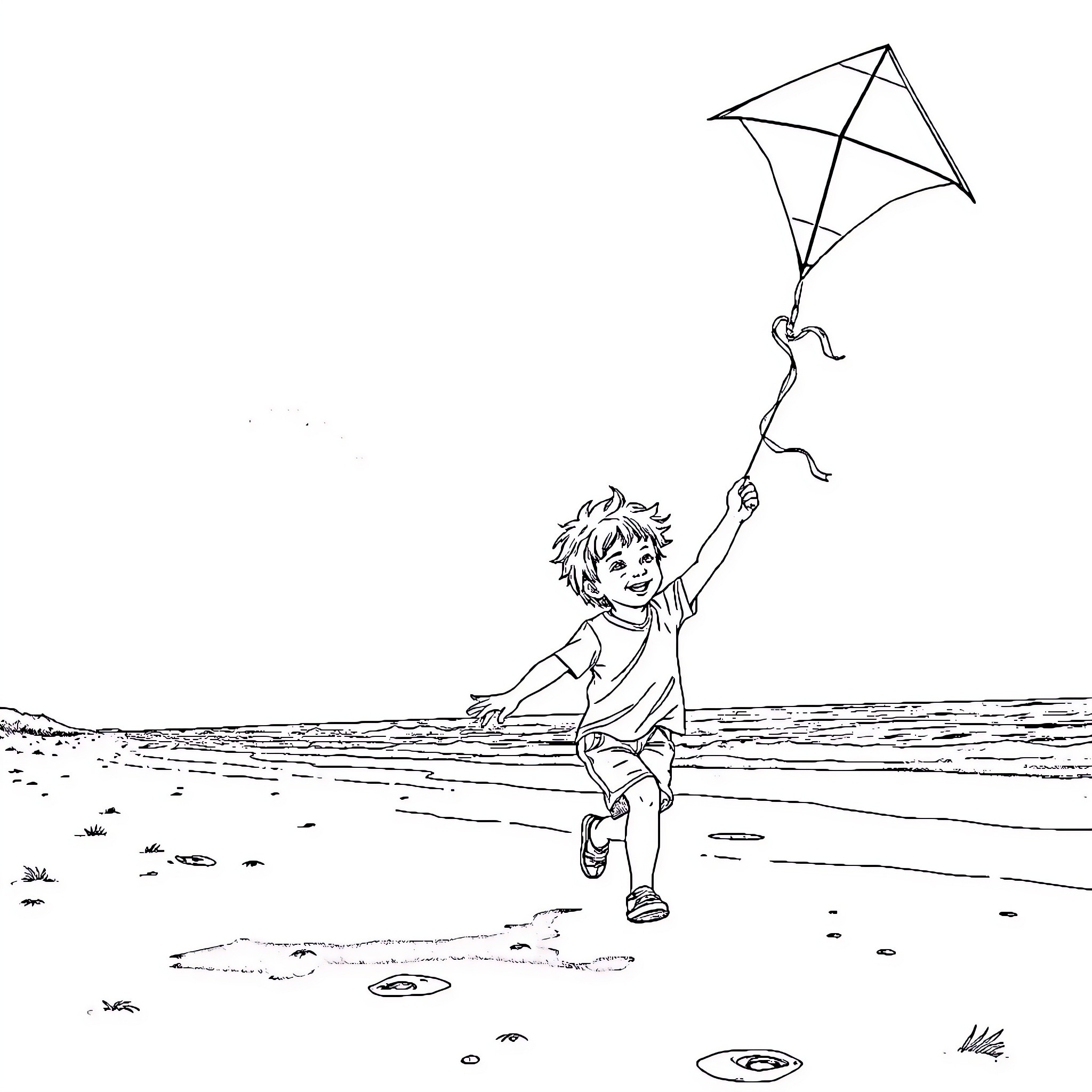 Child flying a kite on the beach Coloring Page (free black-and-white line drawing printable PDF for all, from beginners to advanced learners, including children, teens, adults, and seniors)
