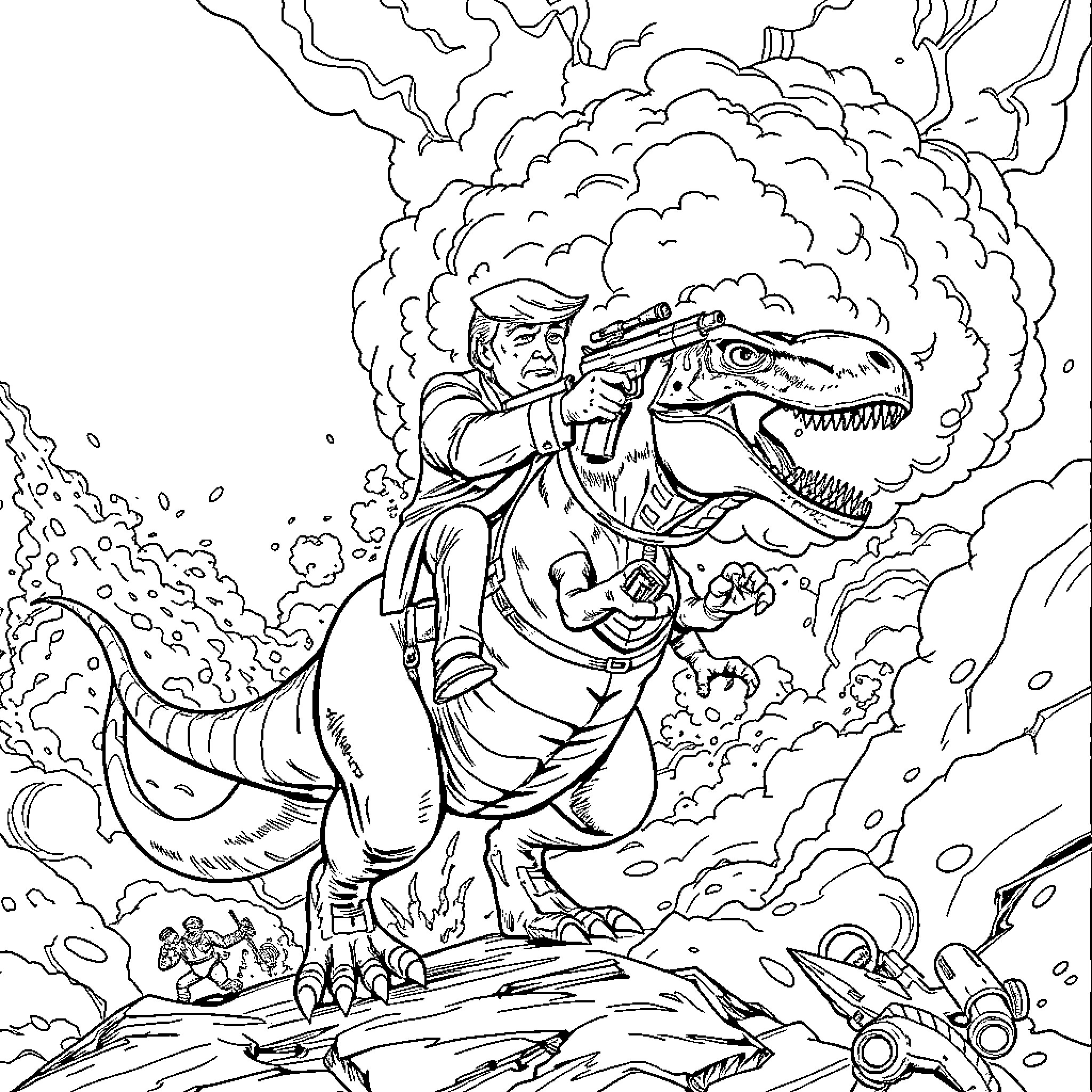 Trump riding a ferocious dinosaur in a chaotic scene Coloring Page (free black-and-white line drawing printable PDF for all, from beginners to advanced learners, including children, teens, adults, and seniors)