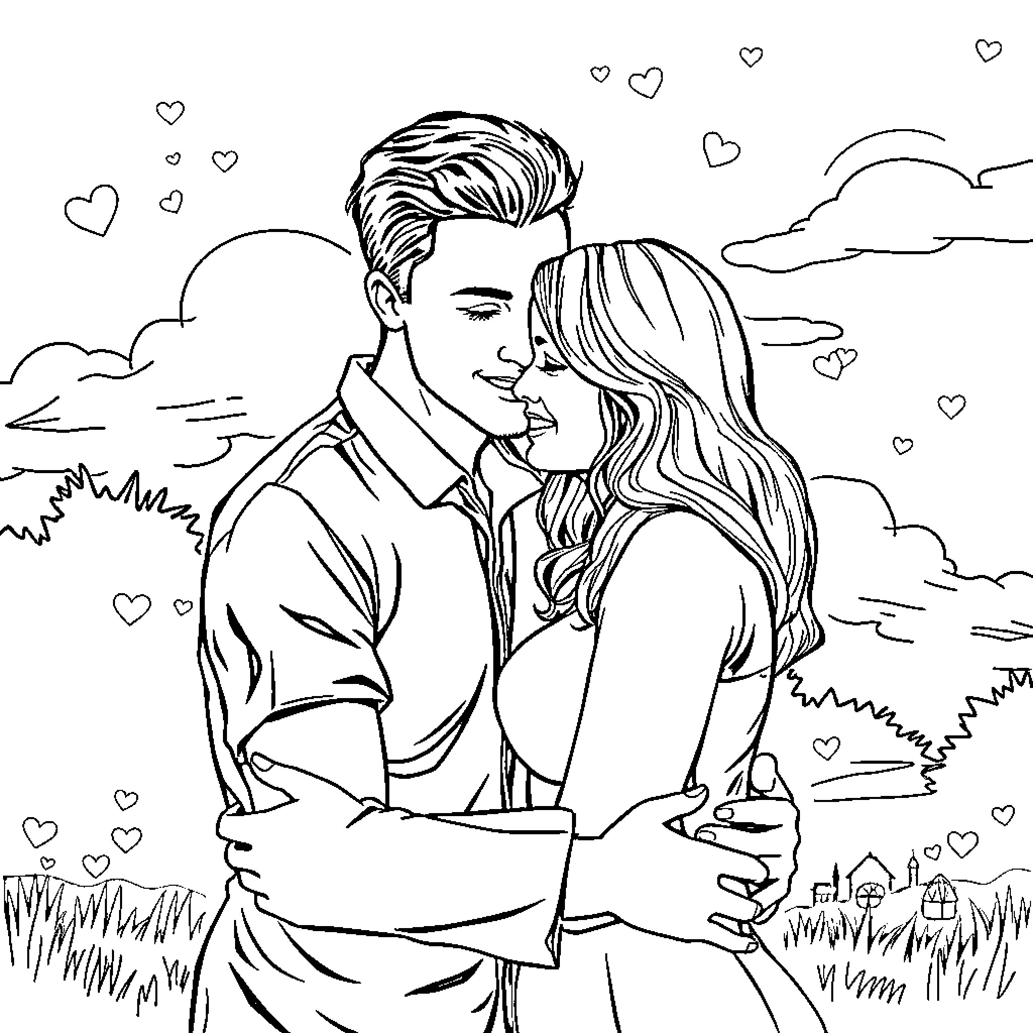 Josh and Katie share an intimate moment outdoors Coloring Page (free black-and-white line drawing printable PDF for all, from beginners to advanced learners, including children, teens, adults, and seniors)