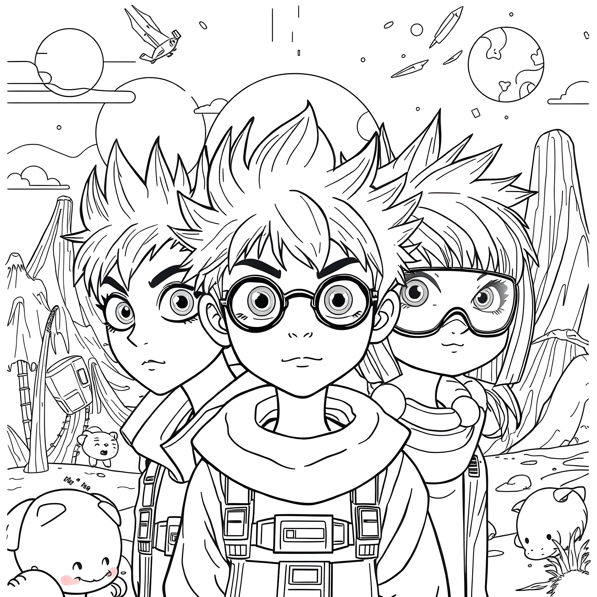 Anime Heroes in Futuristic Sci-Fi Adventure Coloring Page (free black-and-white line drawing printable PDF for all, from beginners to advanced learners, including children, teens, adults, and seniors)
