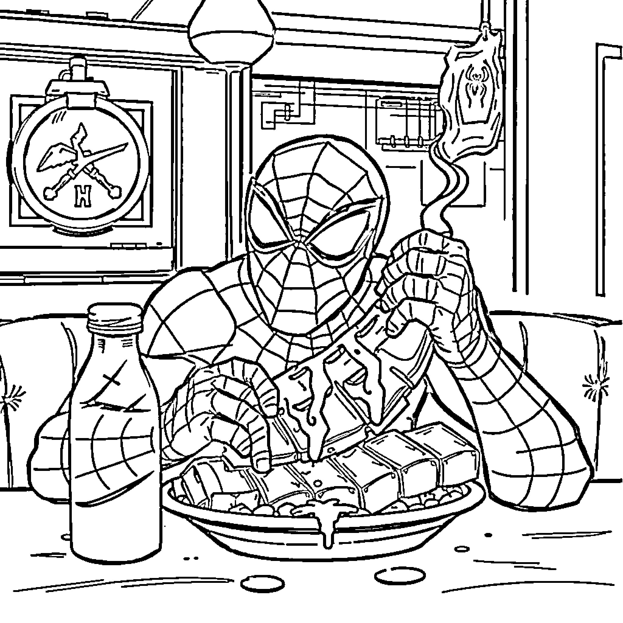 Spiderman enjoying a meal in his hideout Coloring Page (free black-and-white line drawing printable PDF for all, from beginners to advanced learners, including children, teens, adults, and seniors)