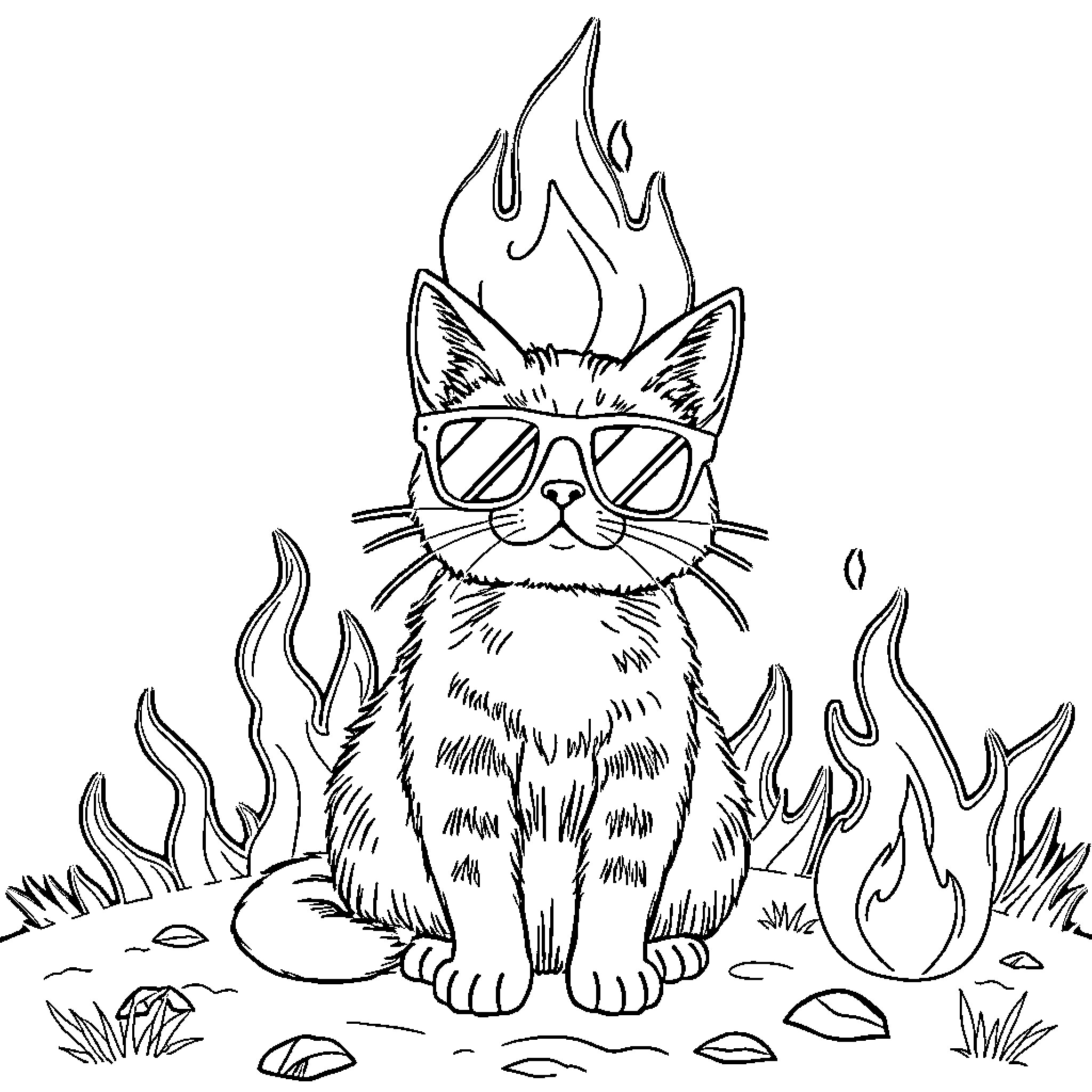 Cat in flames with sunglasses Coloring Page (free black-and-white line drawing printable PDF for all, from beginners to advanced learners, including children, teens, adults, and seniors)
