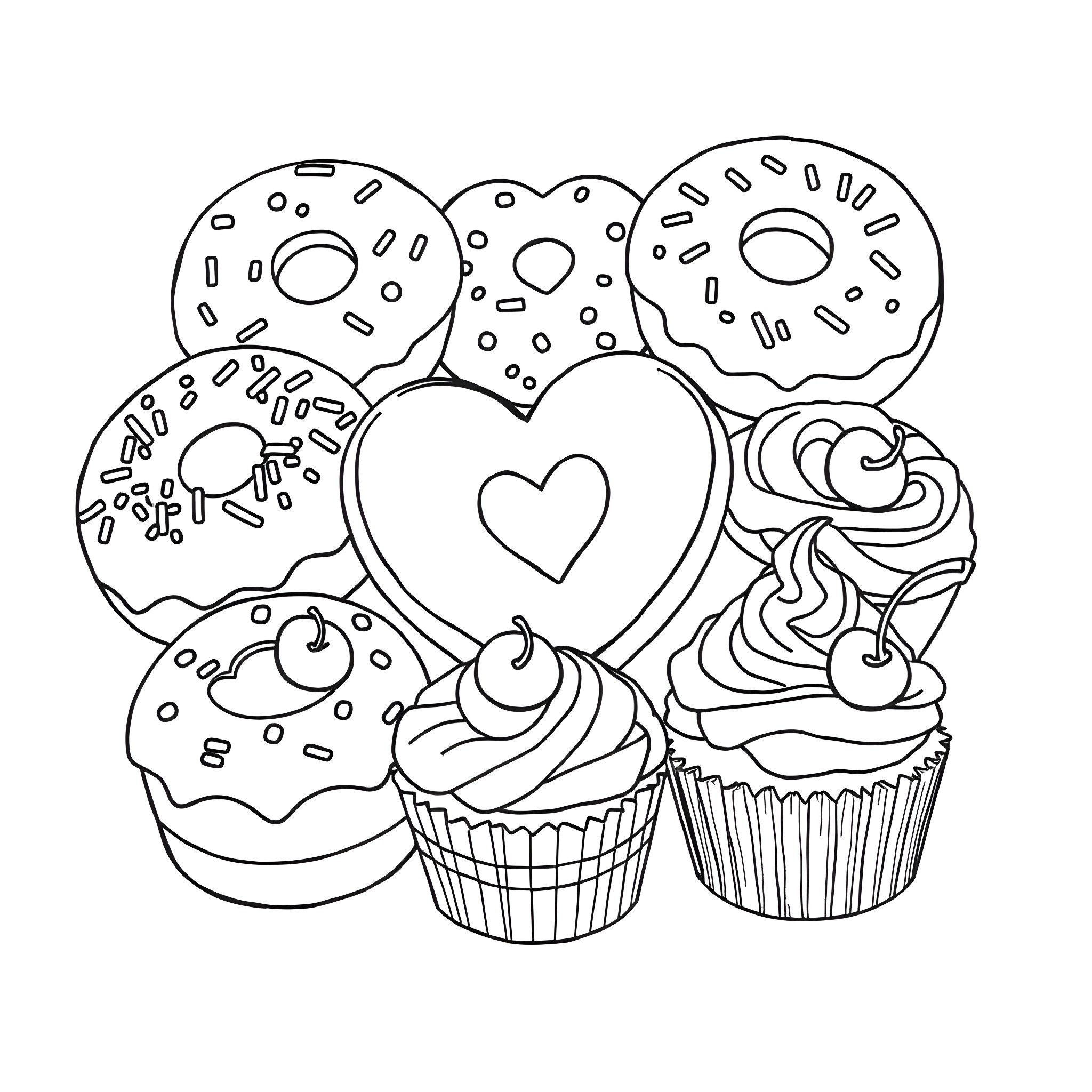 Donut Delight: Assorted Pastries and Cupcakes Coloring Page (free black-and-white line drawing printable PDF for all, from beginners to advanced learners, including children, teens, adults, and seniors)