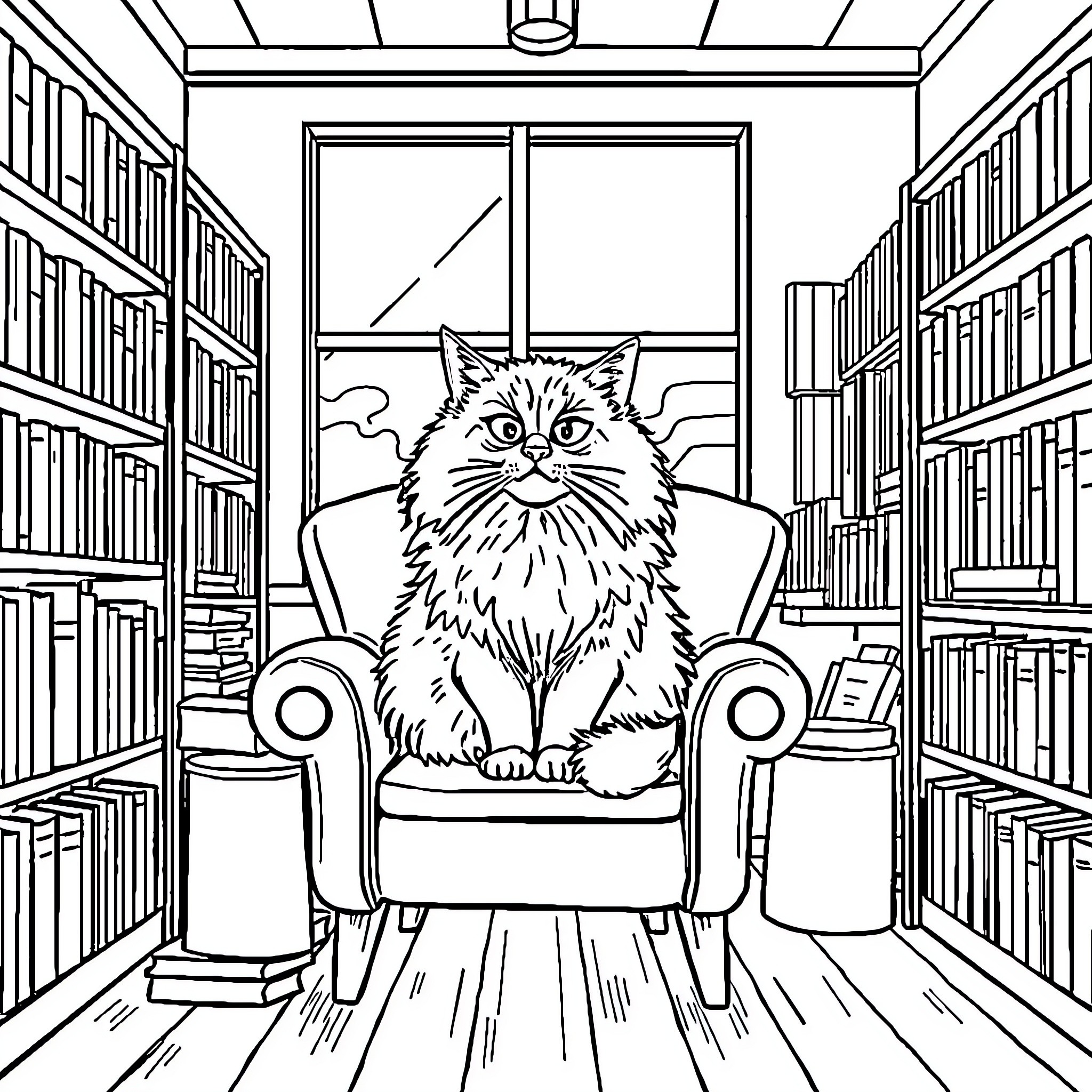 Cat sitting on armchair in library Coloring Page (free black-and-white line drawing printable PDF for all, from beginners to advanced learners, including children, teens, adults, and seniors)