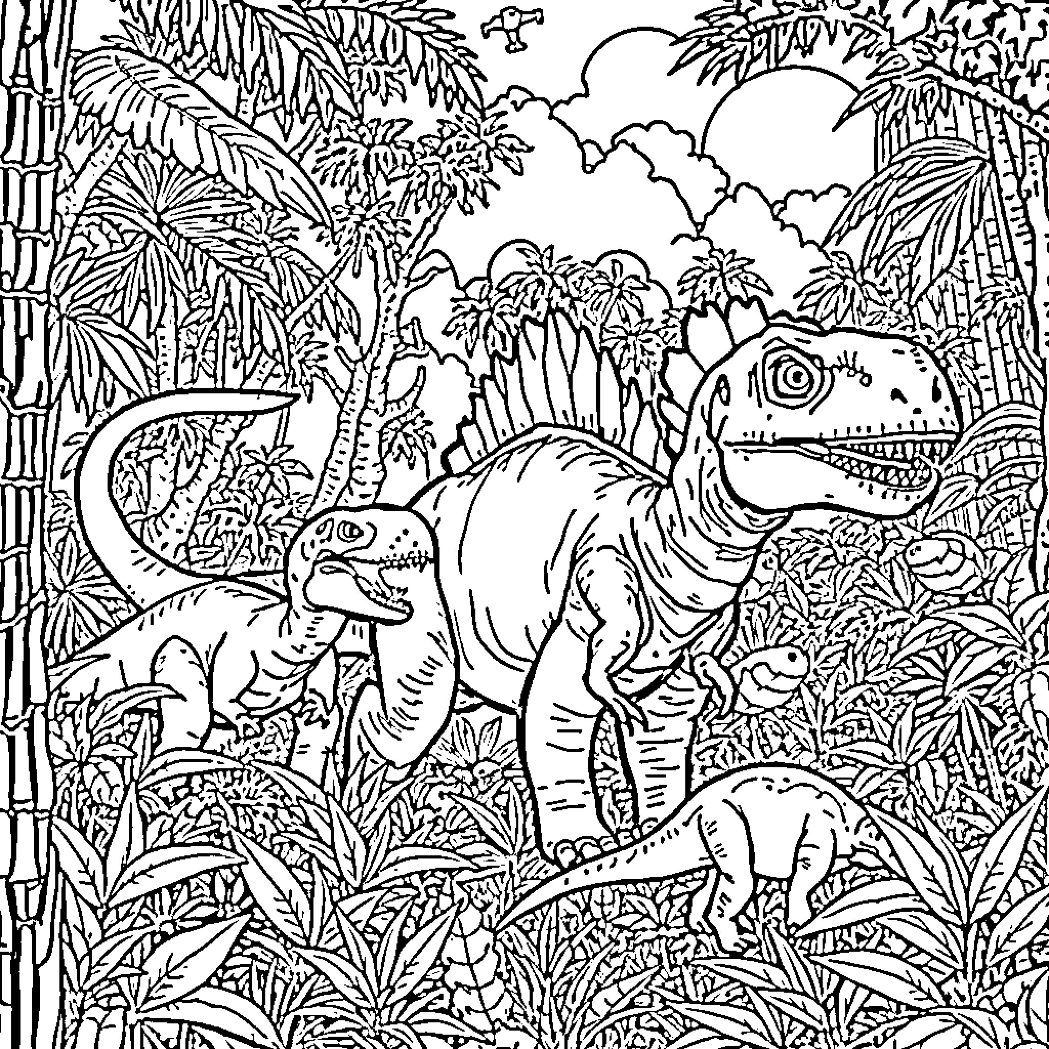 Dinosaurs exploring the lush tropical jungle Coloring Page (free black-and-white line drawing printable PDF for all, from beginners to advanced learners, including children, teens, adults, and seniors)