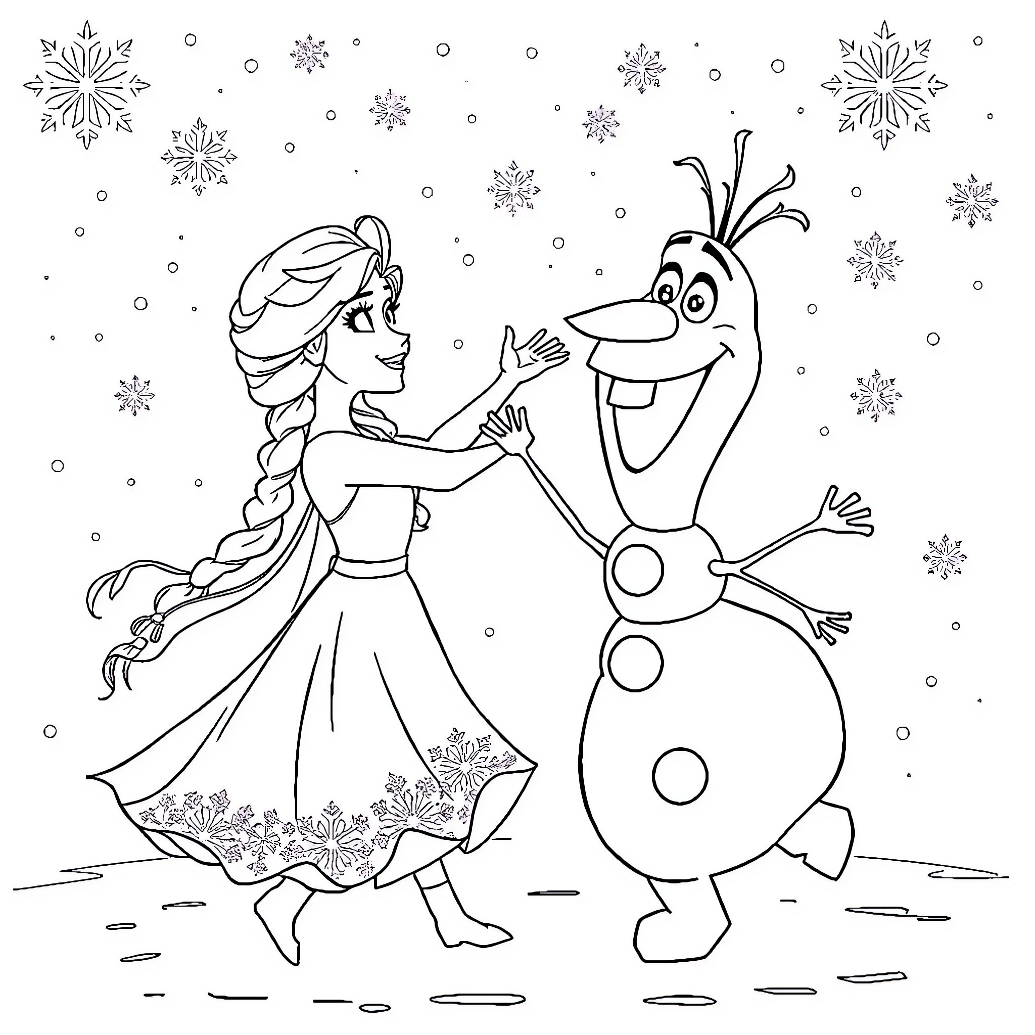 Elsa dancing playfully with Olaf in the snow Coloring Page (free black-and-white line drawing printable PDF for all, from beginners to advanced learners, including children, teens, adults, and seniors)