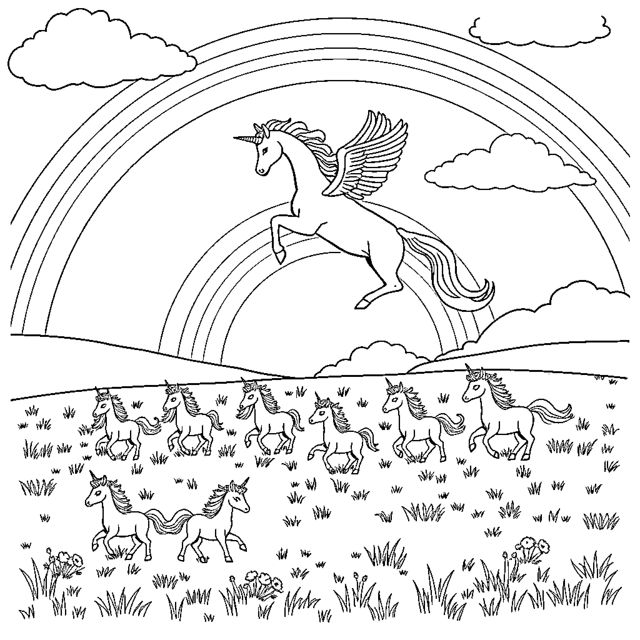 Unicorn flying over herd of unicorns in a field Coloring Page (free black-and-white line drawing printable PDF for all, from beginners to advanced learners, including children, teens, adults, and seniors)