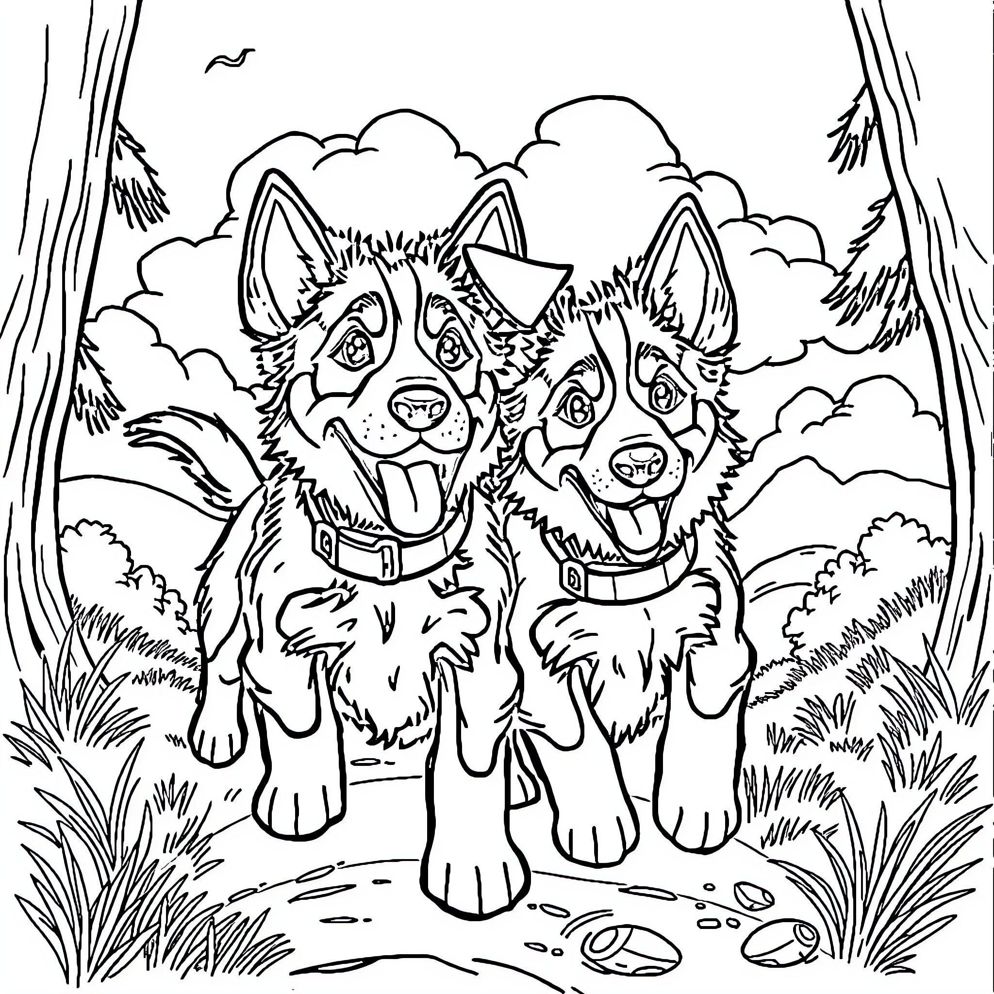 Bluey and Bingo playing in the forest Coloring Page (free black-and-white line drawing printable PDF for all, from beginners to advanced learners, including children, teens, adults, and seniors)