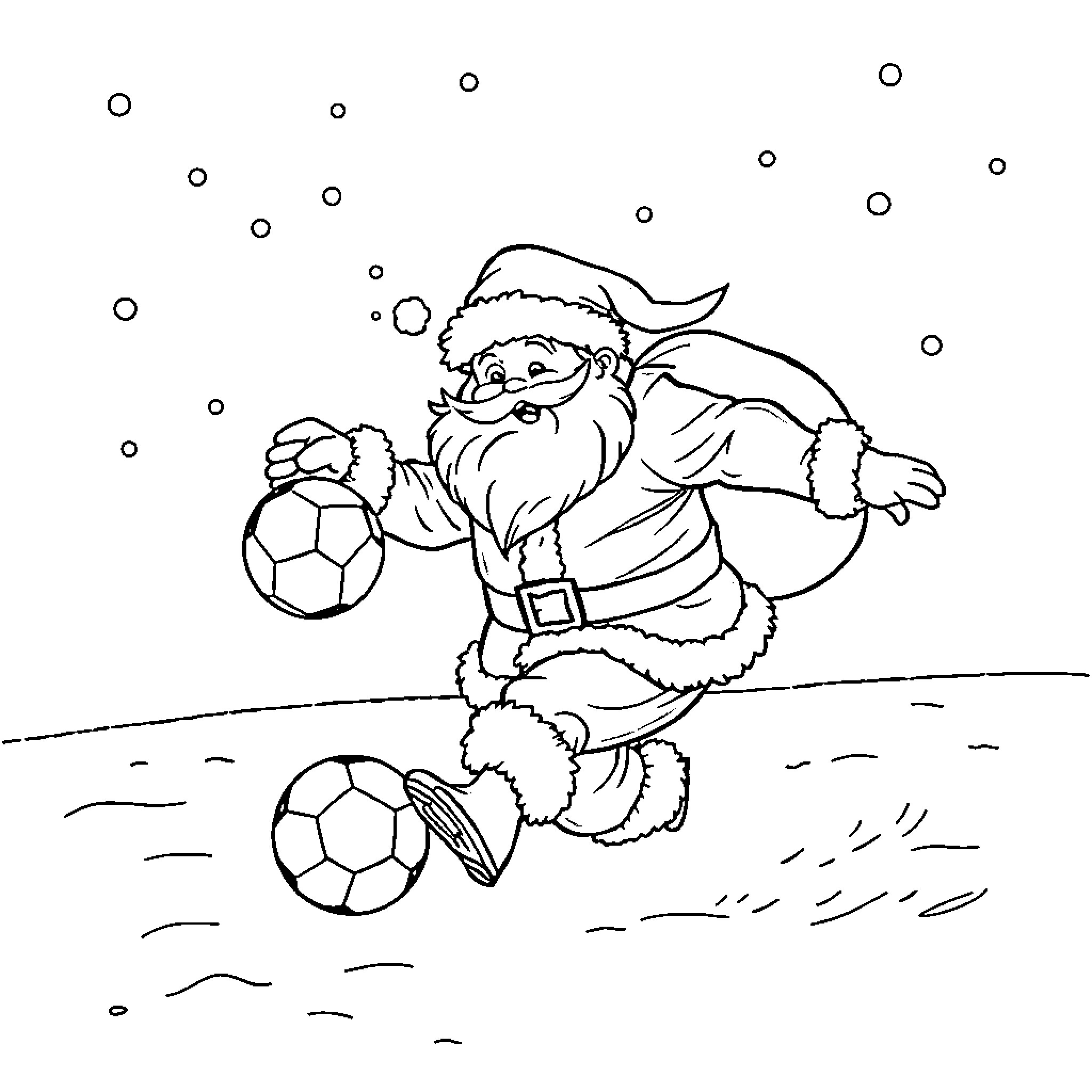 Santa playing with soccer balls in the snow Coloring Page (free black-and-white line drawing printable PDF for all, from beginners to advanced learners, including children, teens, adults, and seniors)