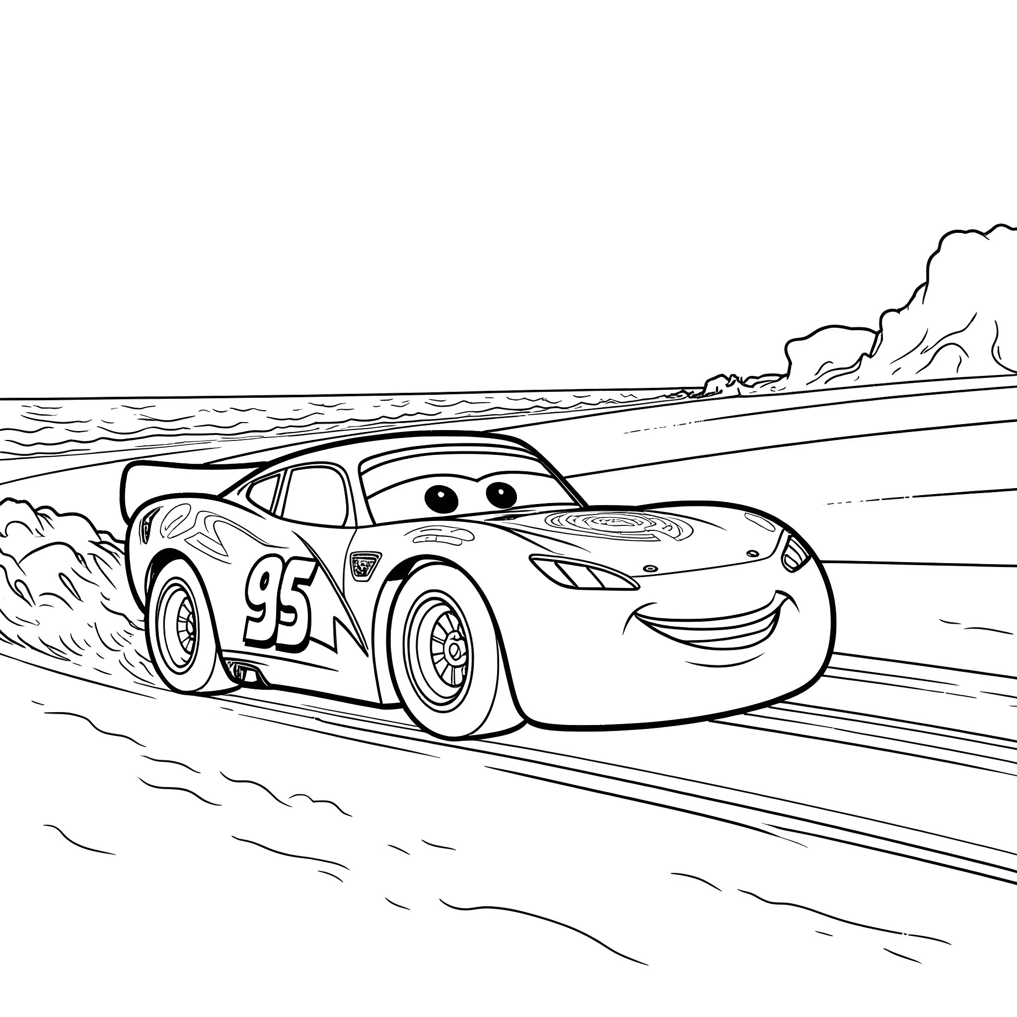 Lightning McQueen racing on the track Coloring Page (free black-and-white line drawing printable PDF for all, from beginners to advanced learners, including children, teens, adults, and seniors)