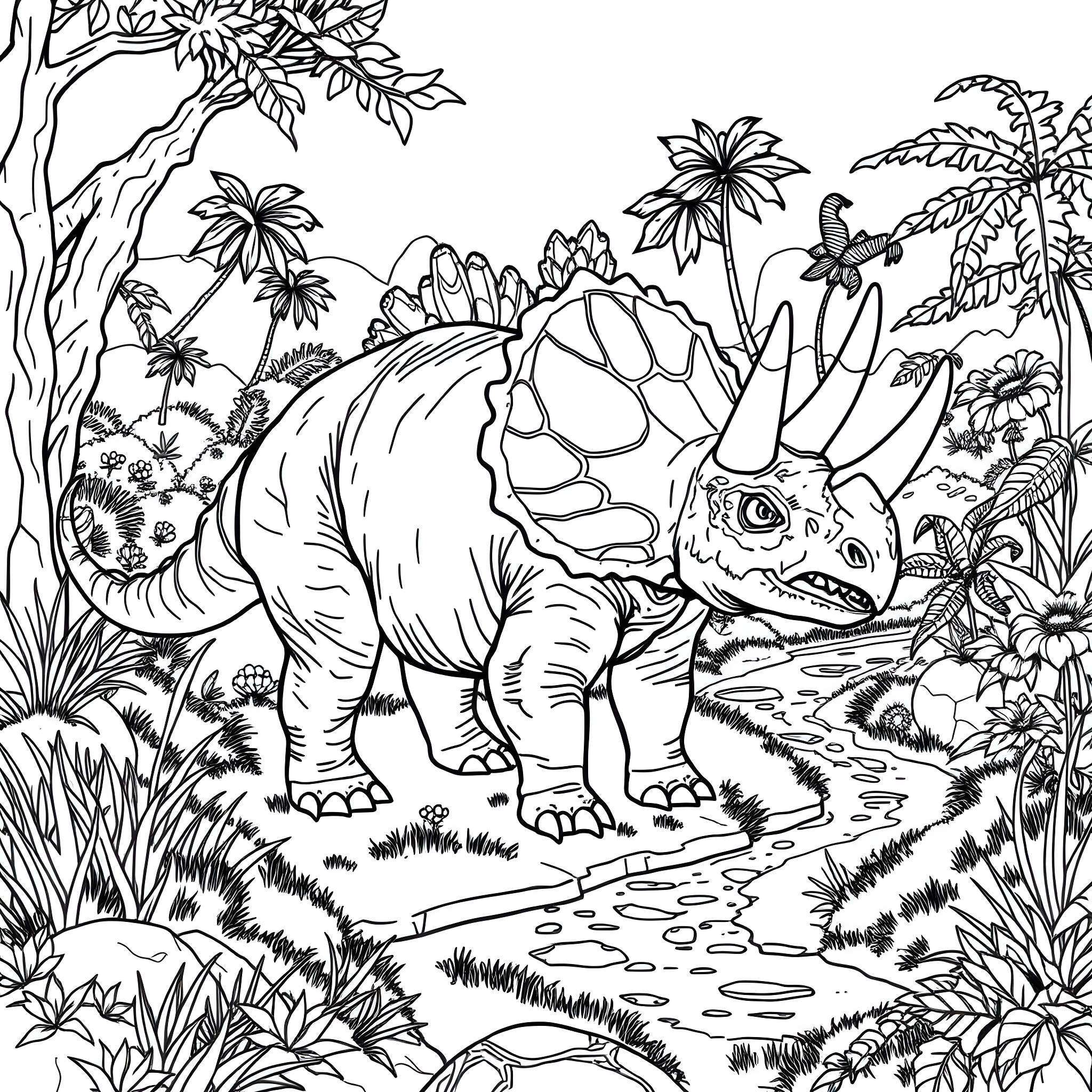 Triceratops exploring the lush prehistoric jungle Coloring Page (free black-and-white line drawing printable PDF for all, from beginners to advanced learners, including children, teens, adults, and seniors)