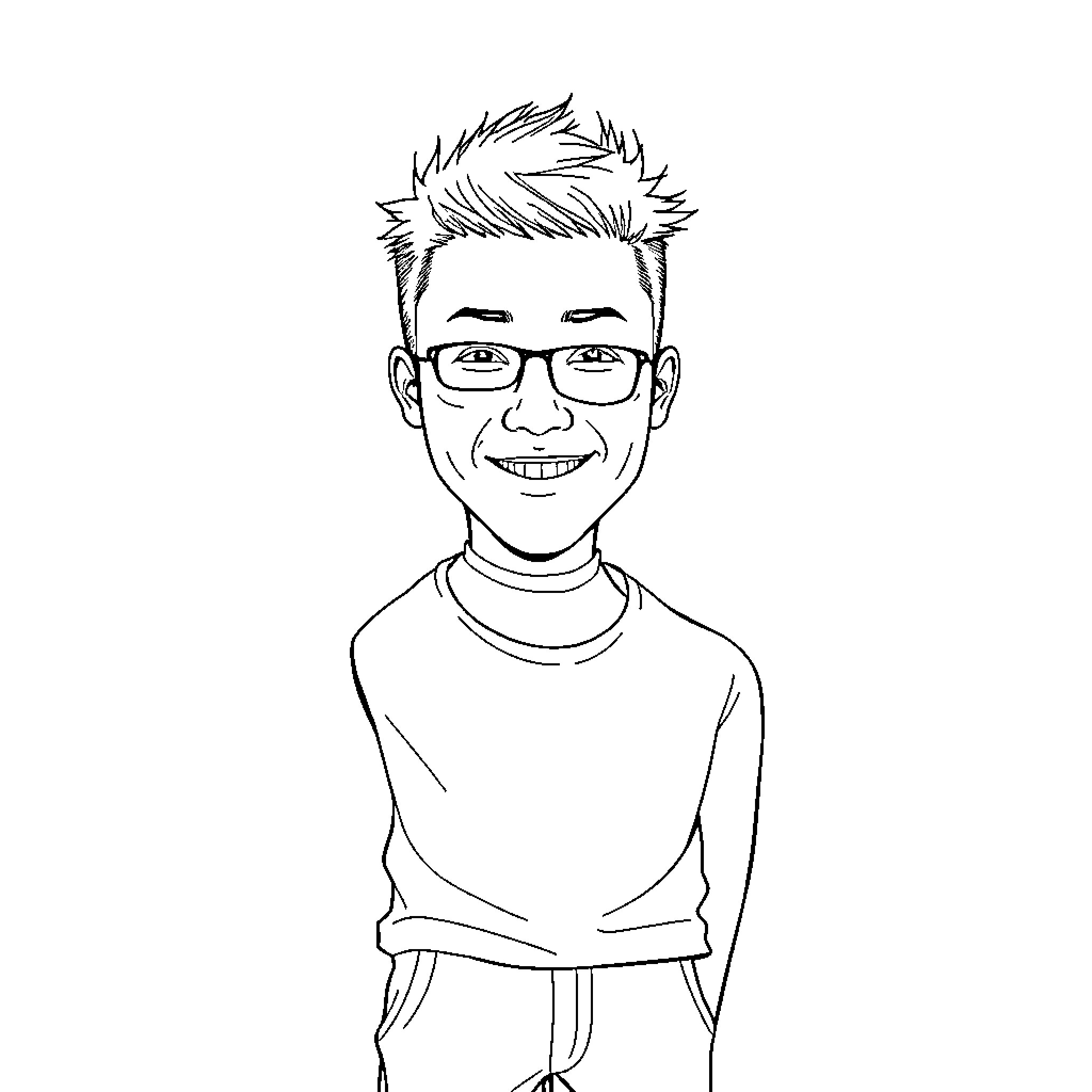 Shaun Chung smiling brightly in casual outfit Coloring Page (free black-and-white line drawing printable PDF for all, from beginners to advanced learners, including children, teens, adults, and seniors)