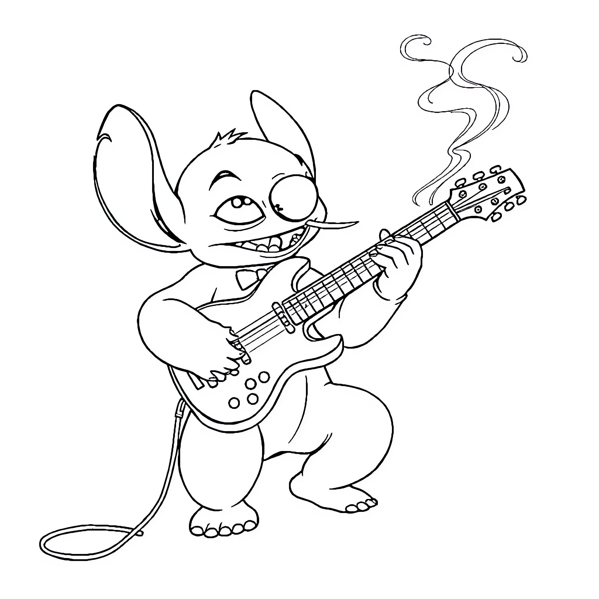 Stitch Rocking Out with His Guitar Coloring Page (free black-and-white line drawing printable PDF for all, from beginners to advanced learners, including children, teens, adults, and seniors)