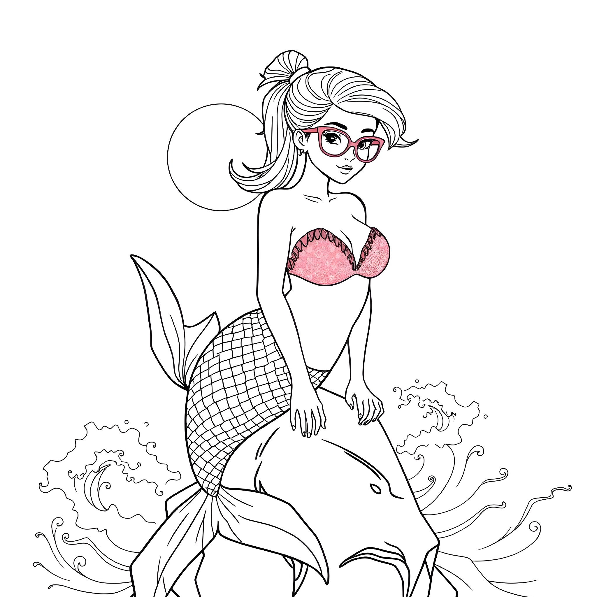 Mermaid with glasses and fish friends Coloring Page (free black-and-white line drawing printable PDF for all, from beginners to advanced learners, including children, teens, adults, and seniors)