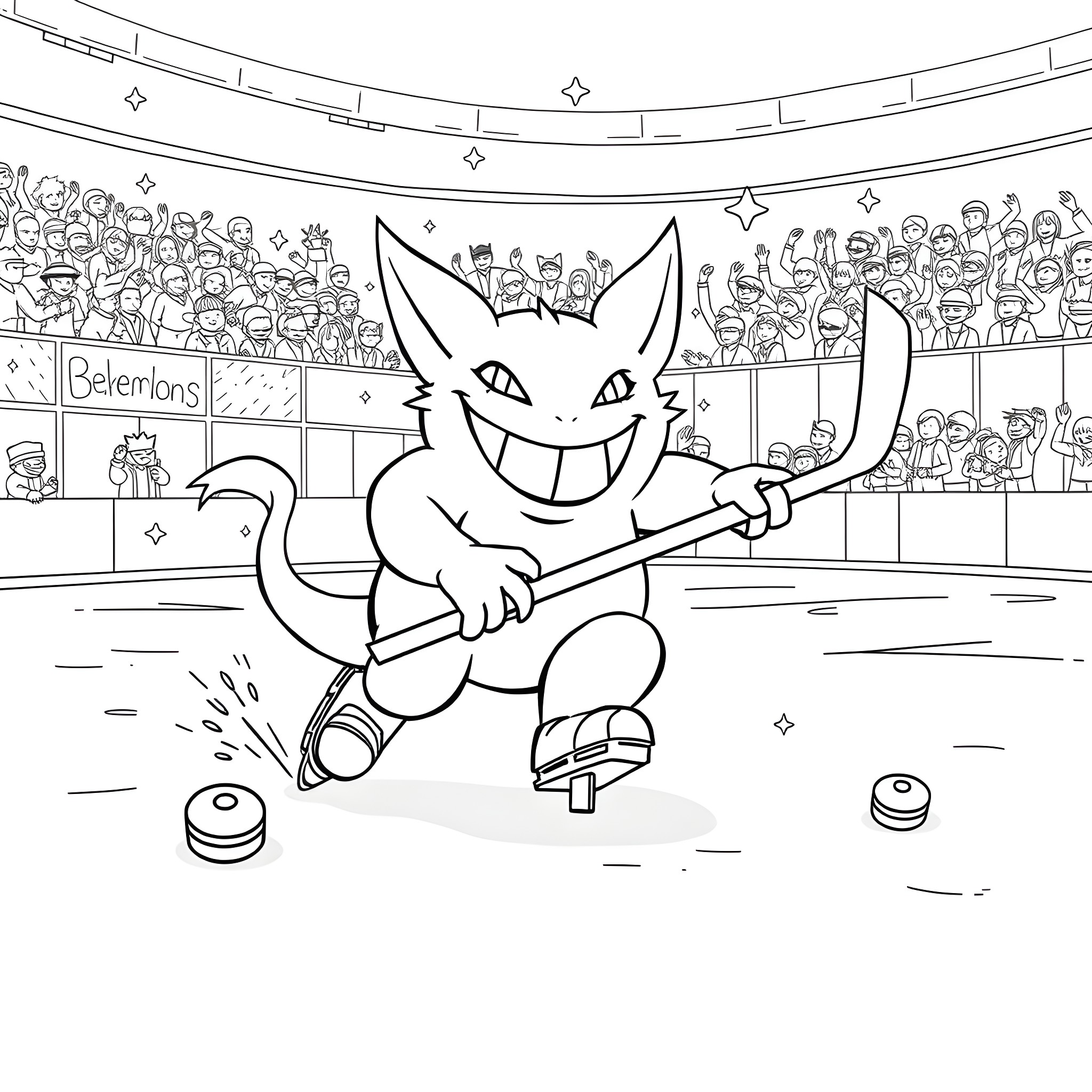 Gengar performing on stage before a cheering crowd Coloring Page (free black-and-white line drawing printable PDF for all, from beginners to advanced learners, including children, teens, adults, and seniors)