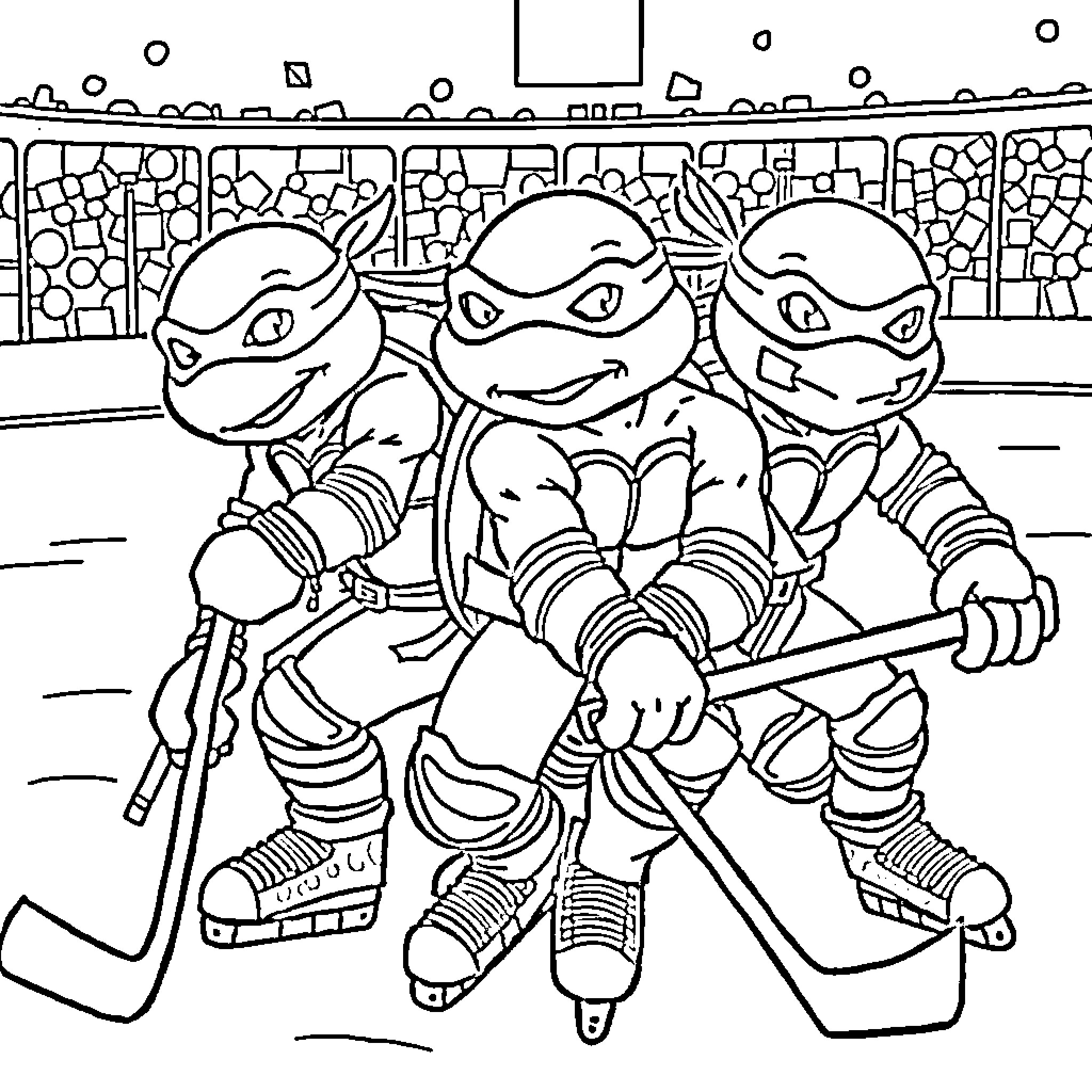 Ninja Turtles in action stance on the street Coloring Page (free black-and-white line drawing printable PDF for all, from beginners to advanced learners, including children, teens, adults, and seniors)