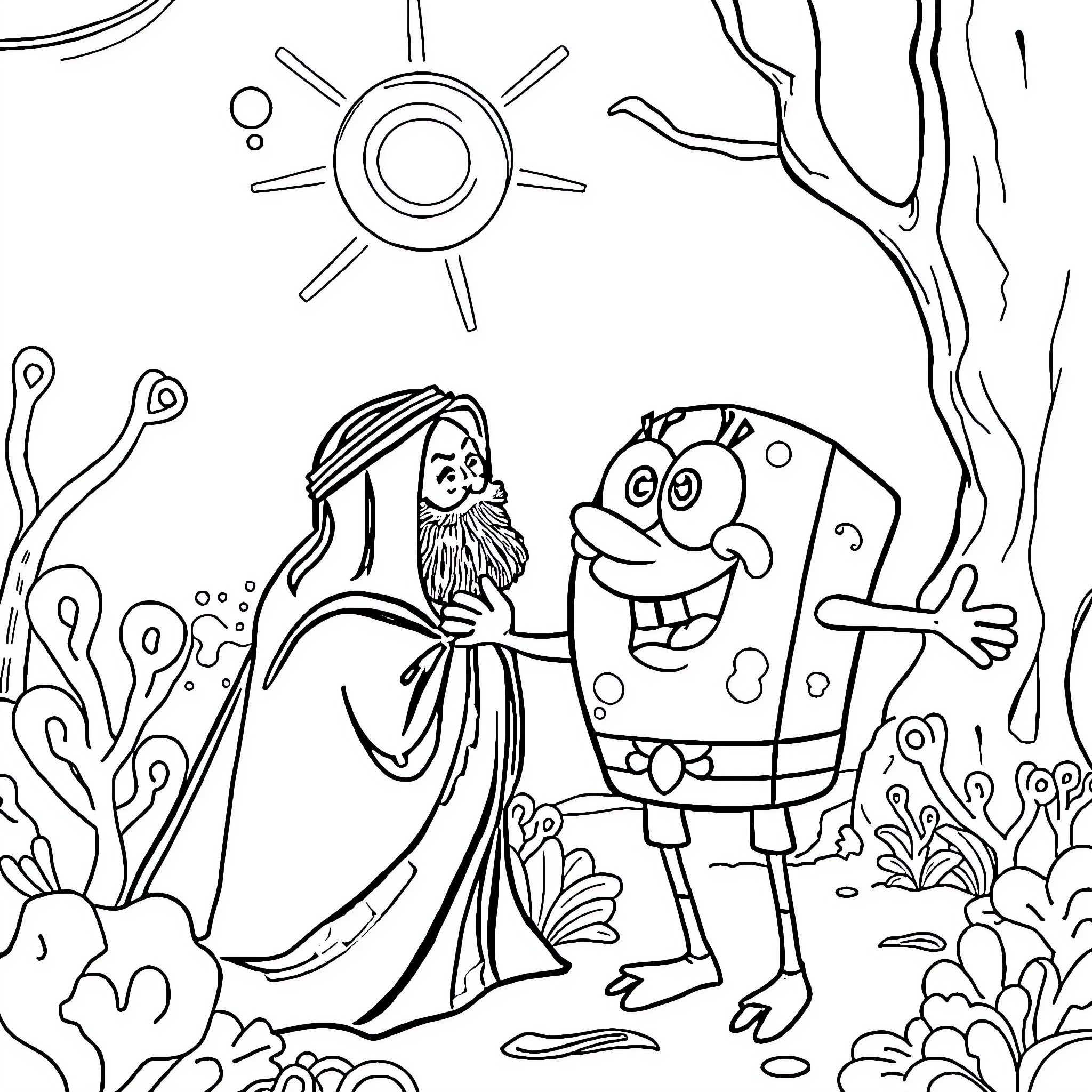 Bob esponja and the magical friend in the underwater world Coloring Page (free black-and-white line drawing printable PDF for all, from beginners to advanced learners, including children, teens, adults, and seniors)