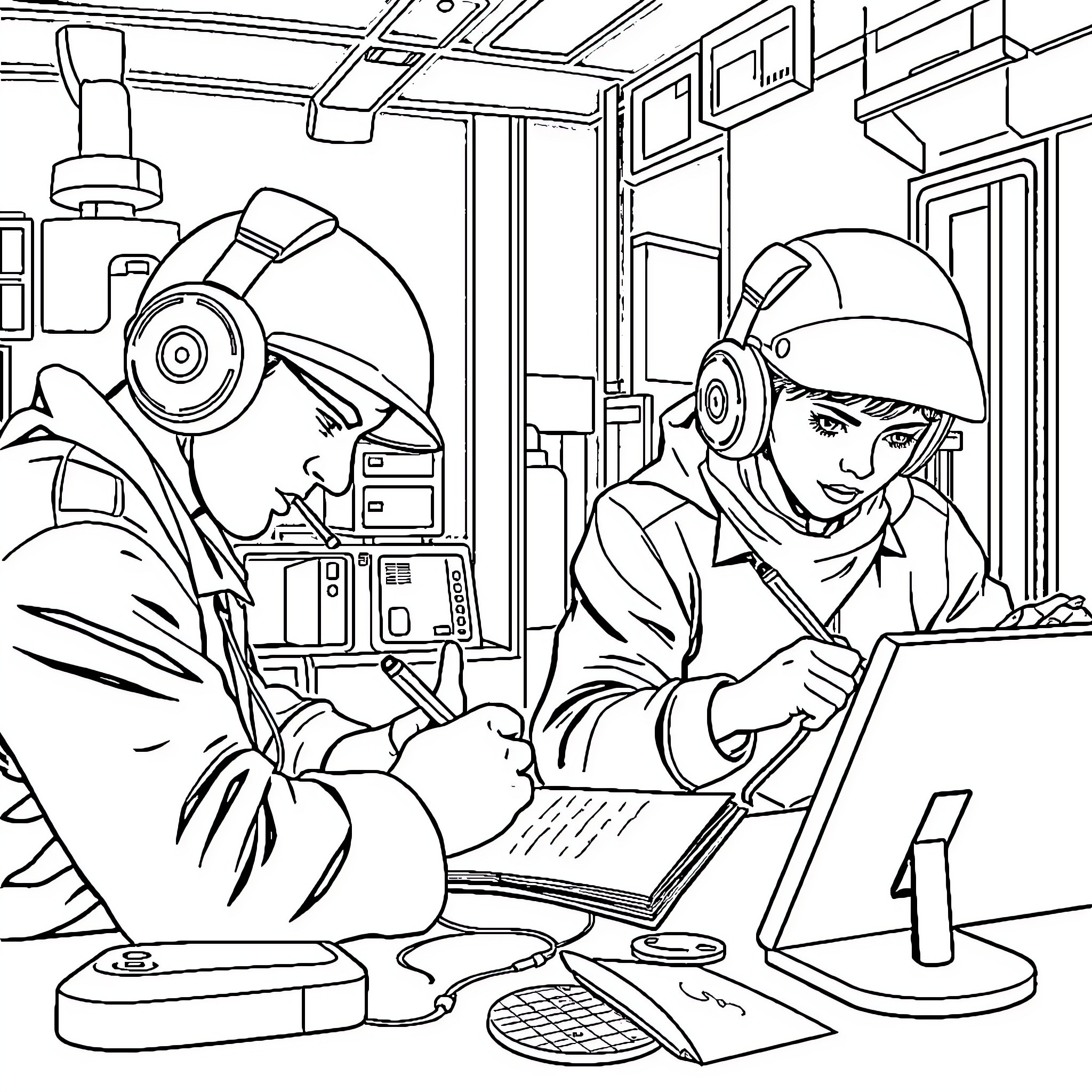 Teleoperador pair working together in office Coloring Page (free black-and-white line drawing printable PDF for all, from beginners to advanced learners, including children, teens, adults, and seniors)