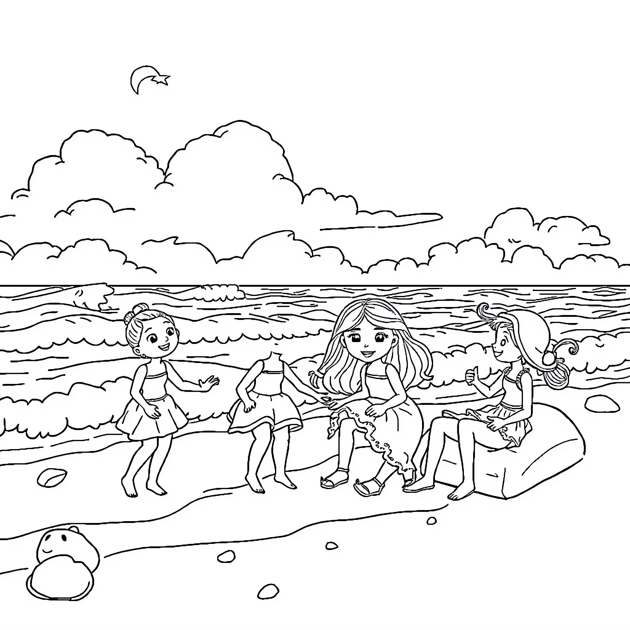 Gabby and friends enjoy a day at the beach Coloring Page (free black-and-white line drawing printable PDF for all, from beginners to advanced learners, including children, teens, adults, and seniors)
