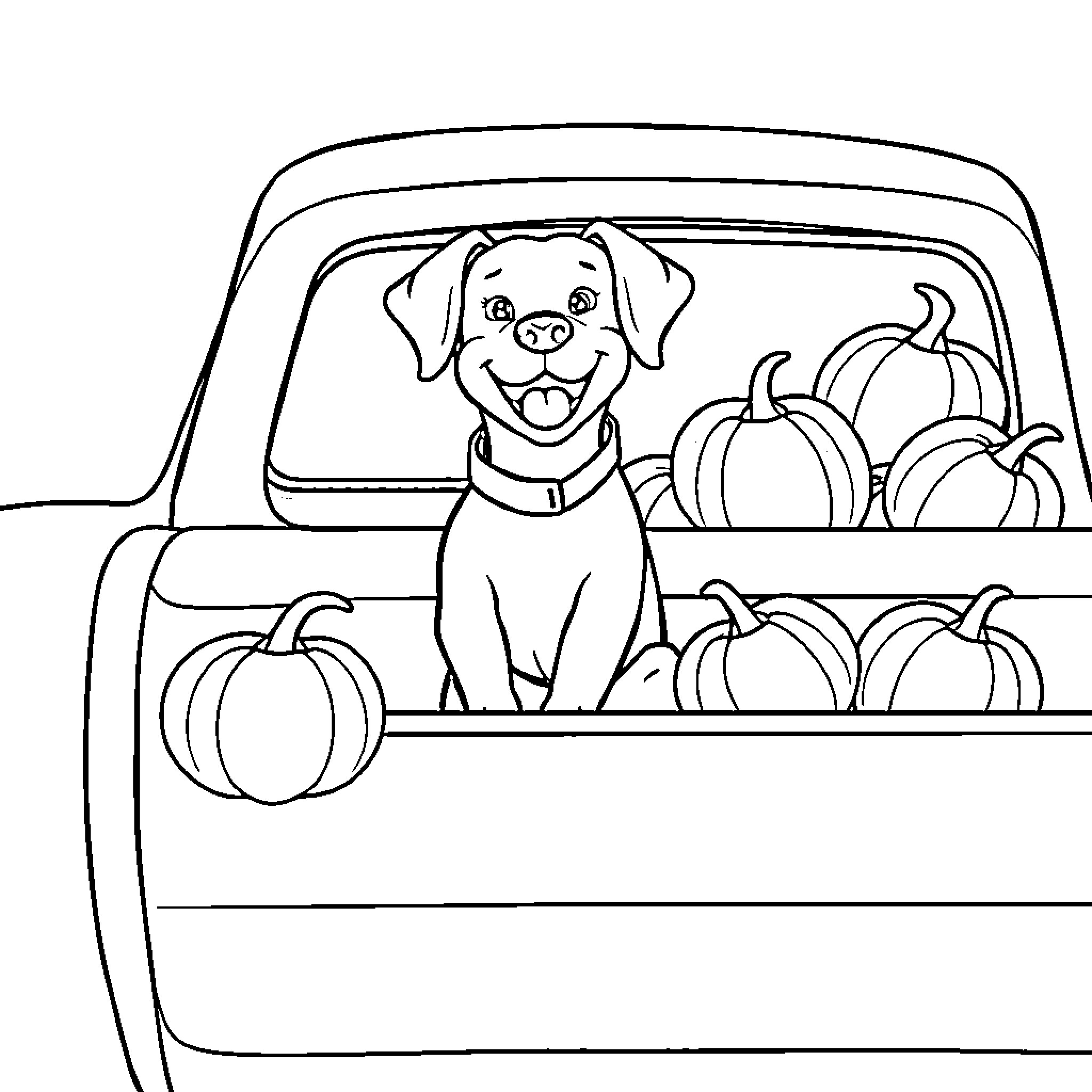 Dog riding in truck with pumpkins Coloring Page (free black-and-white line drawing printable PDF for all, from beginners to advanced learners, including children, teens, adults, and seniors)