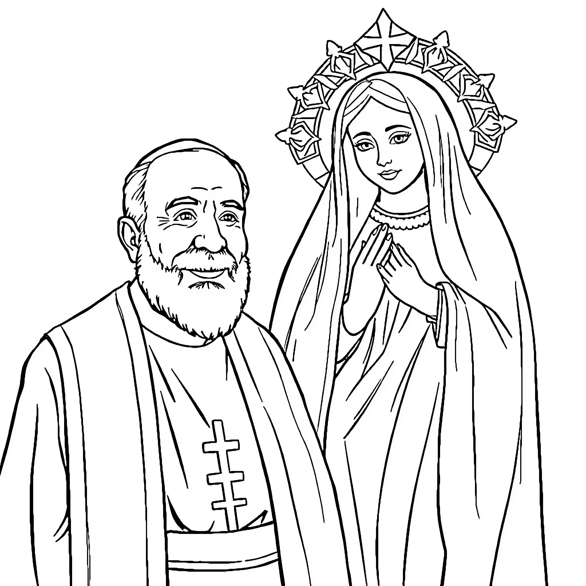 Padre Pio Depicted with Religious Figure in Traditional Attire Coloring Page (free black-and-white line drawing printable PDF for all, from beginners to advanced learners, including children, teens, adults, and seniors)