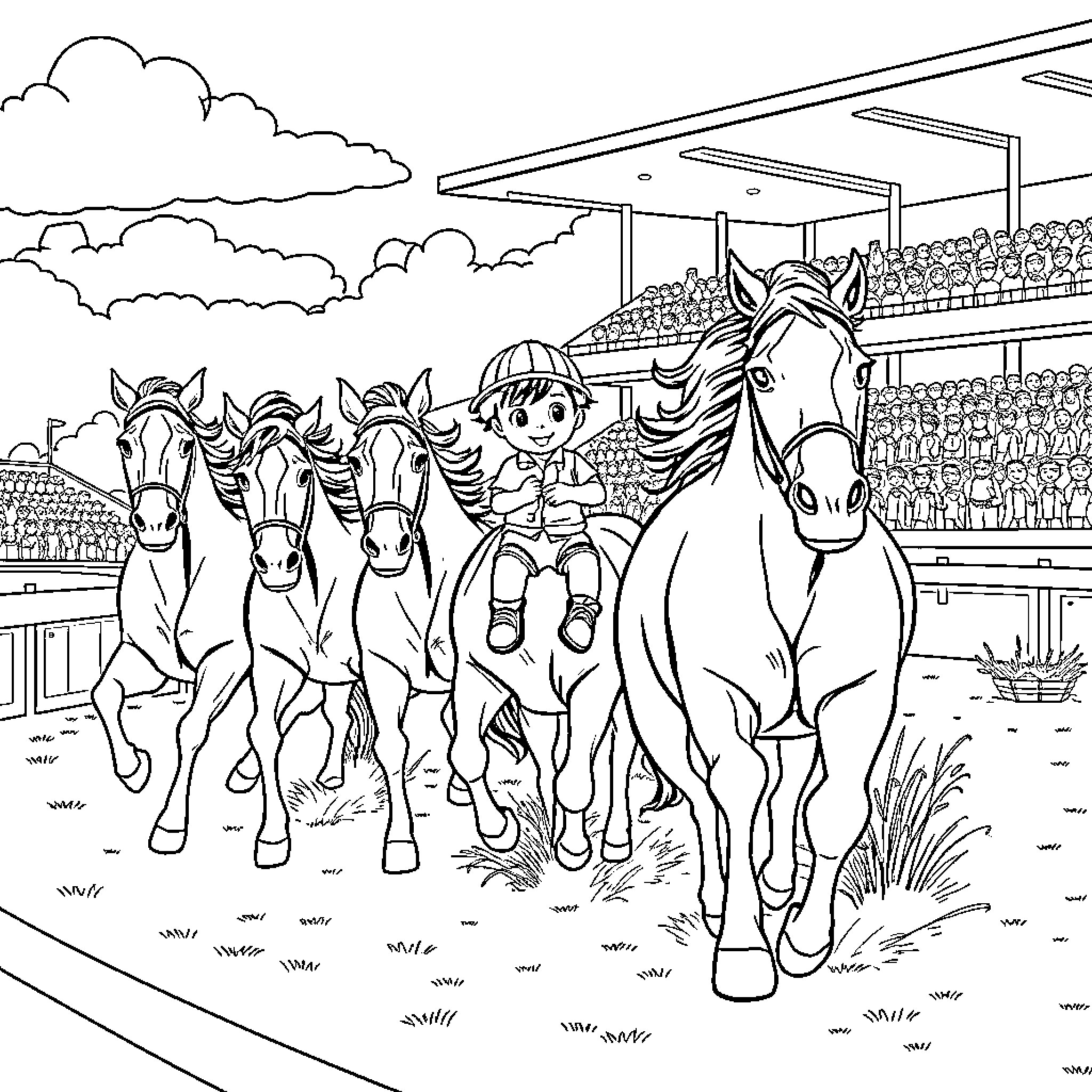 Horse racing competition with jockey and horses Coloring Page (free black-and-white line drawing printable PDF for all, from beginners to advanced learners, including children, teens, adults, and seniors)