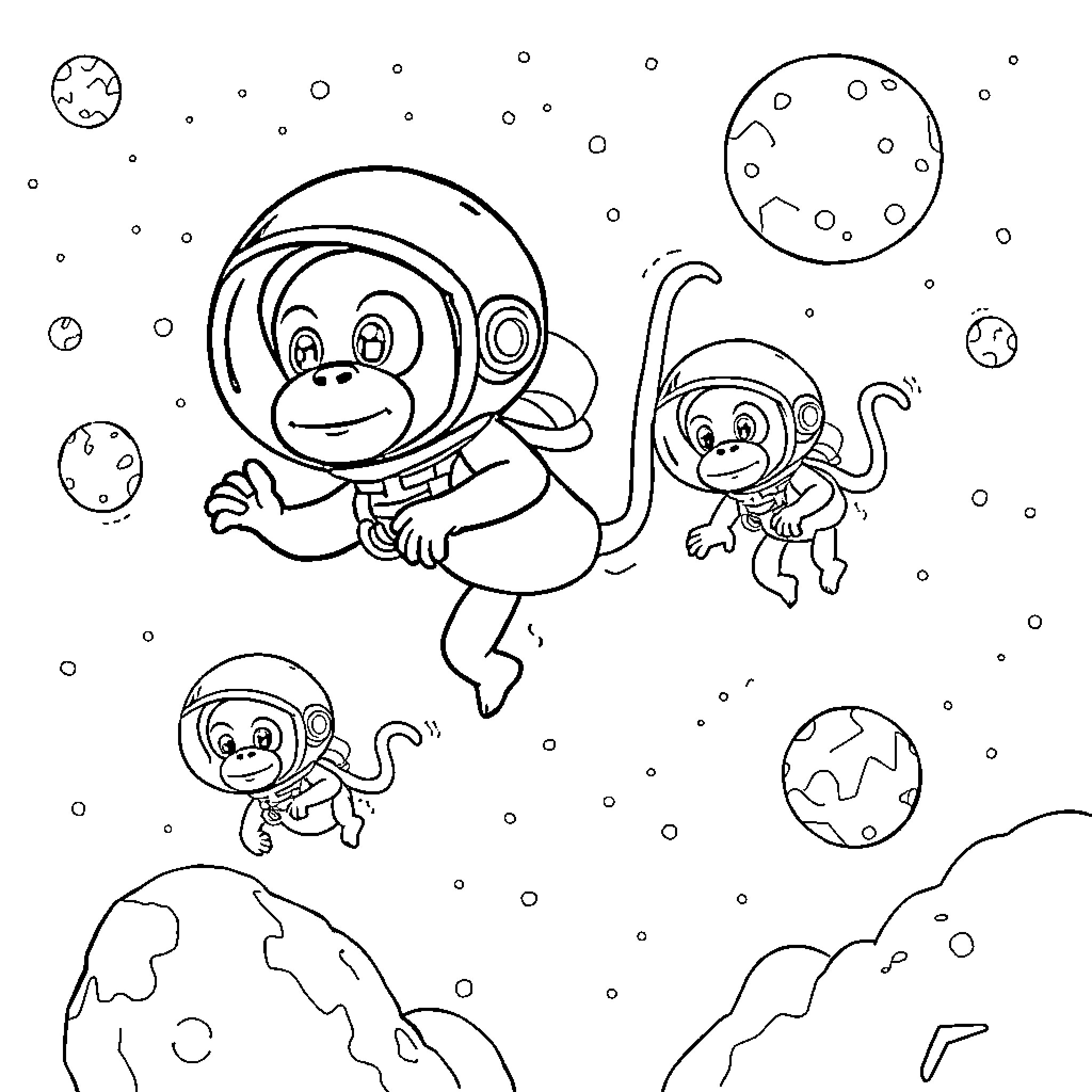 Monkeys exploring outer space in astronaut suits Coloring Page (free black-and-white line drawing printable PDF for all, from beginners to advanced learners, including children, teens, adults, and seniors)