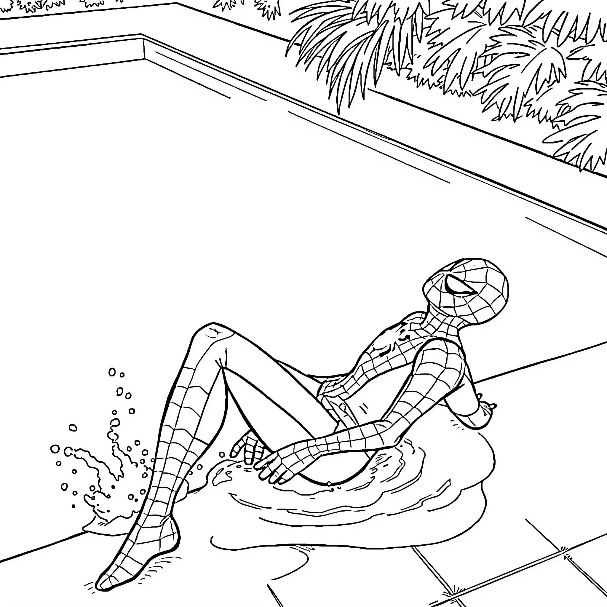 Spiderman relaxing in pool with plants Coloring Page (free black-and-white line drawing printable PDF for all, from beginners to advanced learners, including children, teens, adults, and seniors)